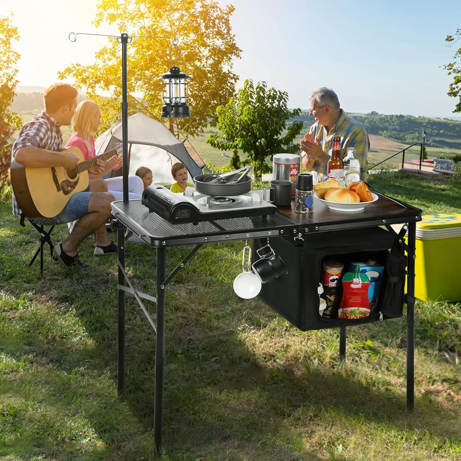 REDCAMP Portable Camping Kitchen Table, 3ft Folding Camping Grill Table with Storage Organizer and Telescoping Light Stand, Outdoor Cooking Station for BBQ, Party and Picnic