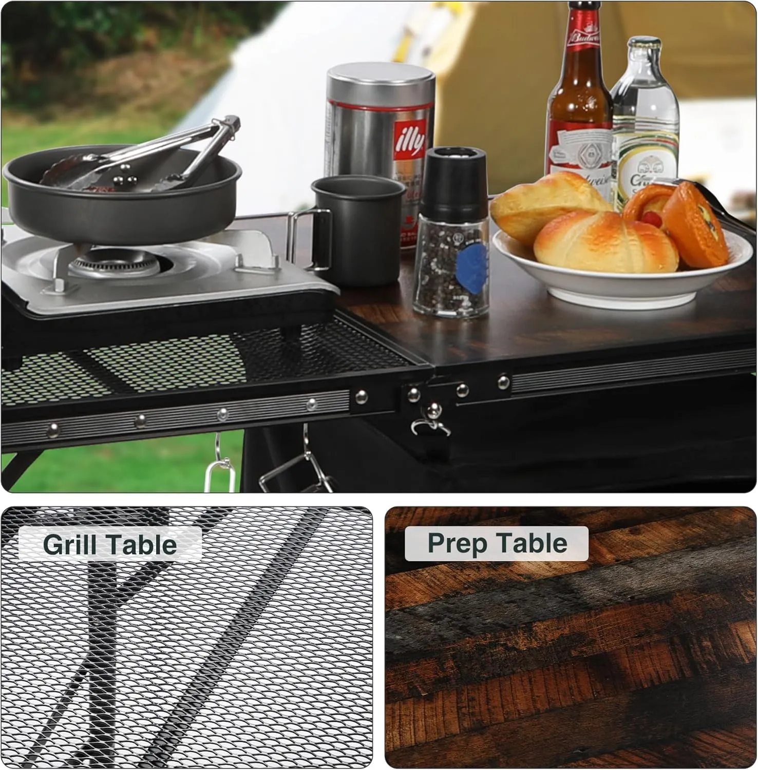 REDCAMP Portable Camping Kitchen Table, 3ft Folding Camping Grill Table with Storage Organizer and Telescoping Light Stand, Outdoor Cooking Station for BBQ, Party and Picnic