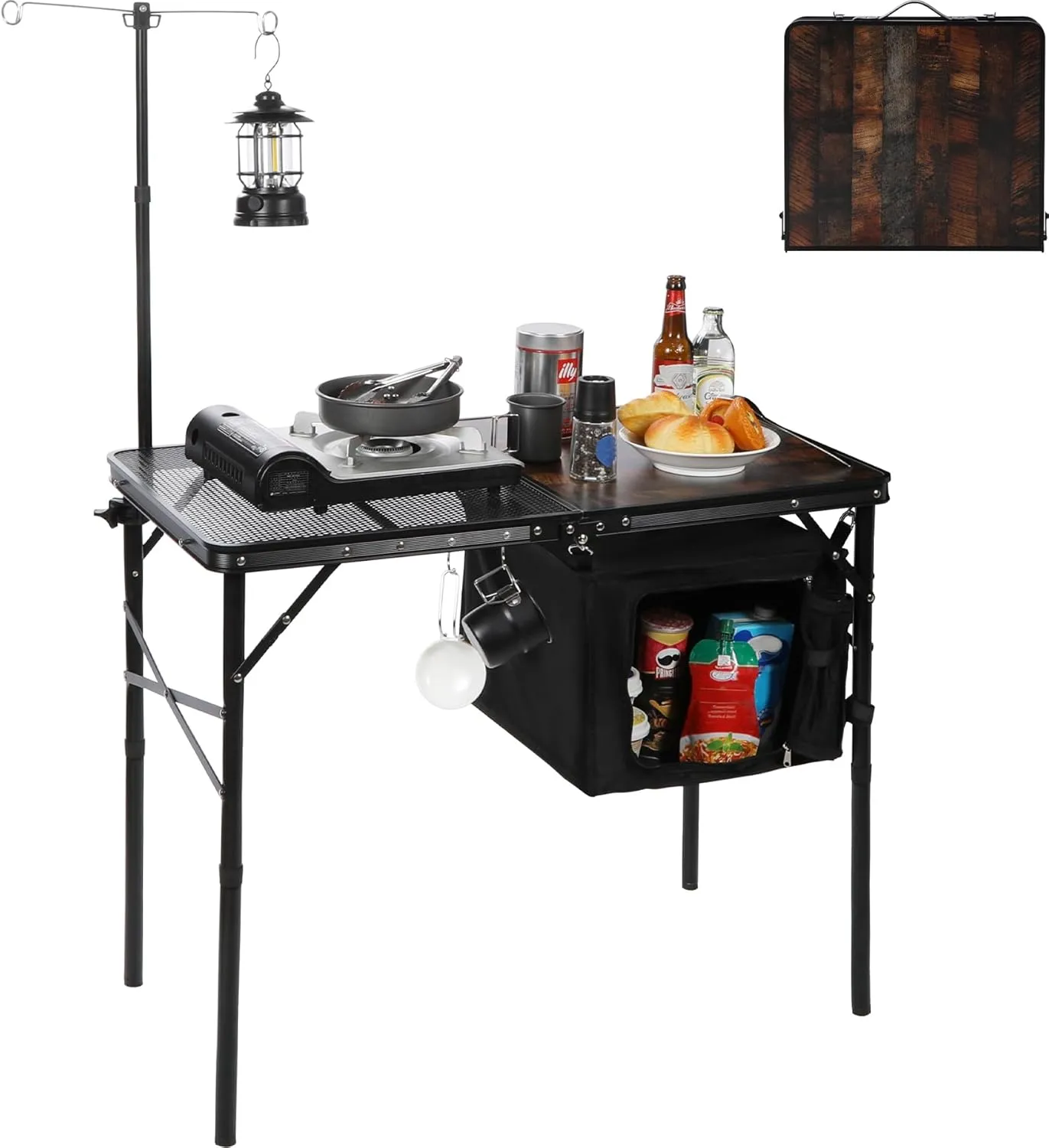 REDCAMP Portable Camping Kitchen Table, 3ft Folding Camping Grill Table with Storage Organizer and Telescoping Light Stand, Outdoor Cooking Station for BBQ, Party and Picnic