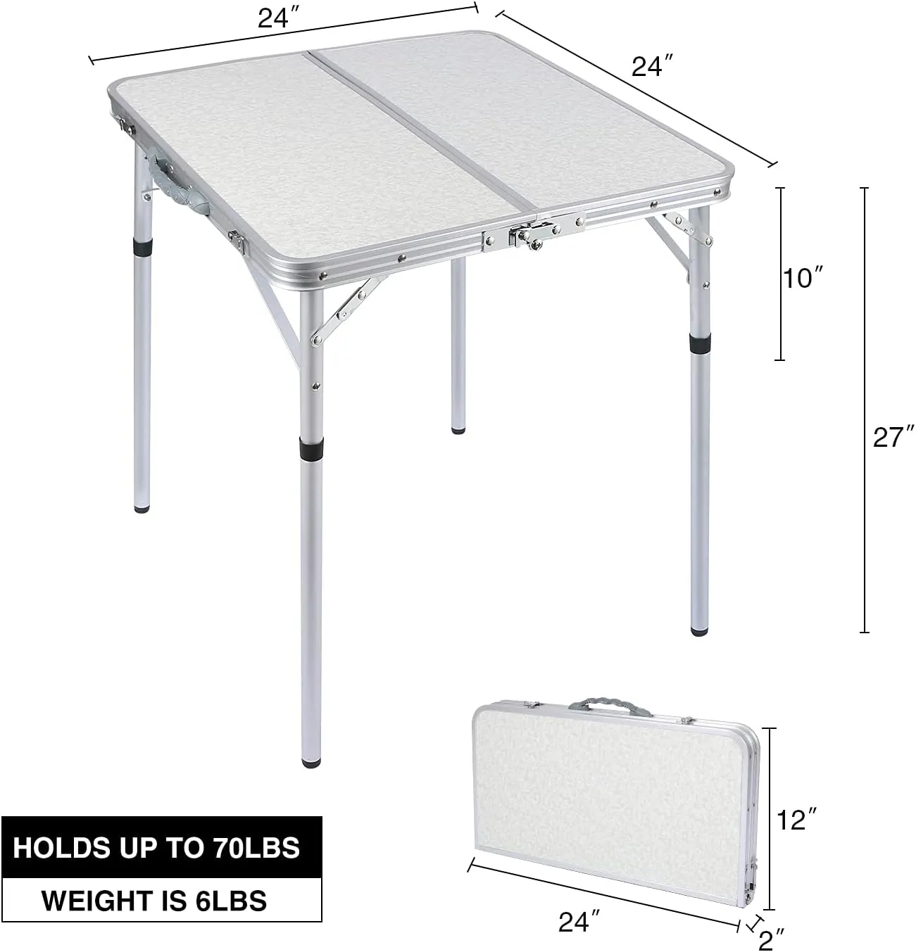 RedSwing Small Square Folding Table 2 Feet Adjustable Height, Lightweight and Portable Aluminum Camping Table for Outdoor Indoor Picnic, 24 in x 24 in x 27 in