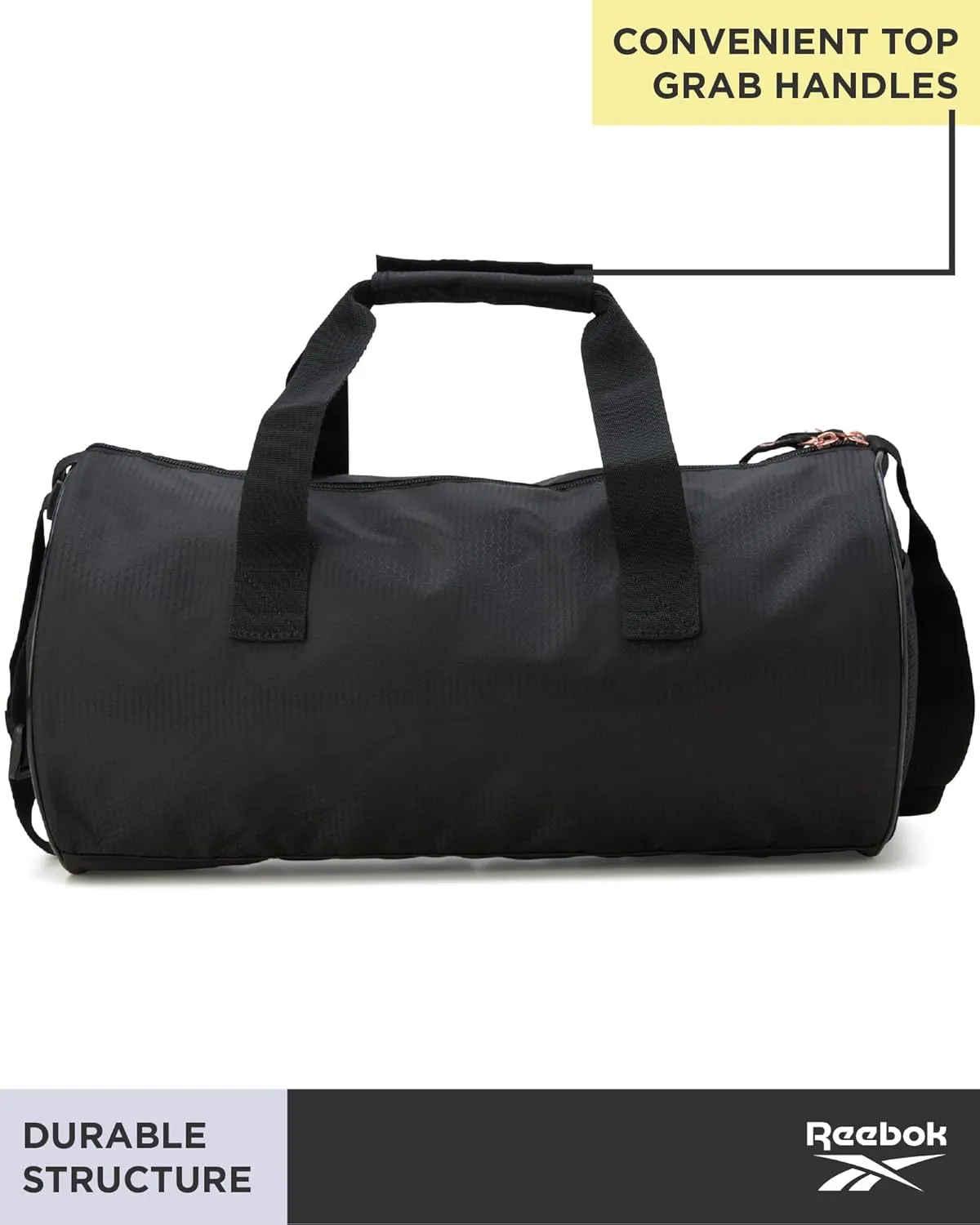 Reebok Duffle Bag - Unisex Lightweight Gym, Sports and Travel Mini Carry On Weekender Bags for Women and Men, Size One Size, Plyo Jet Black With Rose Logo