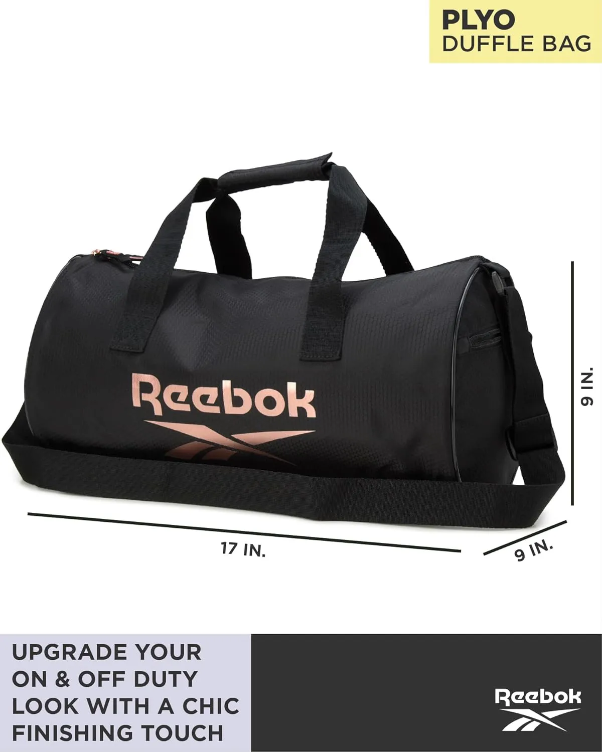 Reebok Duffle Bag - Unisex Lightweight Gym, Sports and Travel Mini Carry On Weekender Bags for Women and Men, Size One Size, Plyo Jet Black With Rose Logo