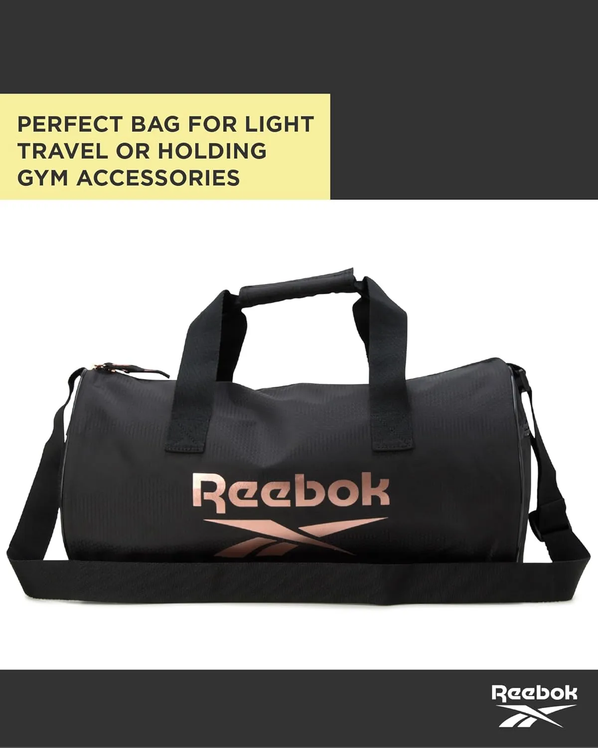Reebok Duffle Bag - Unisex Lightweight Gym, Sports and Travel Mini Carry On Weekender Bags for Women and Men, Size One Size, Plyo Jet Black With Rose Logo