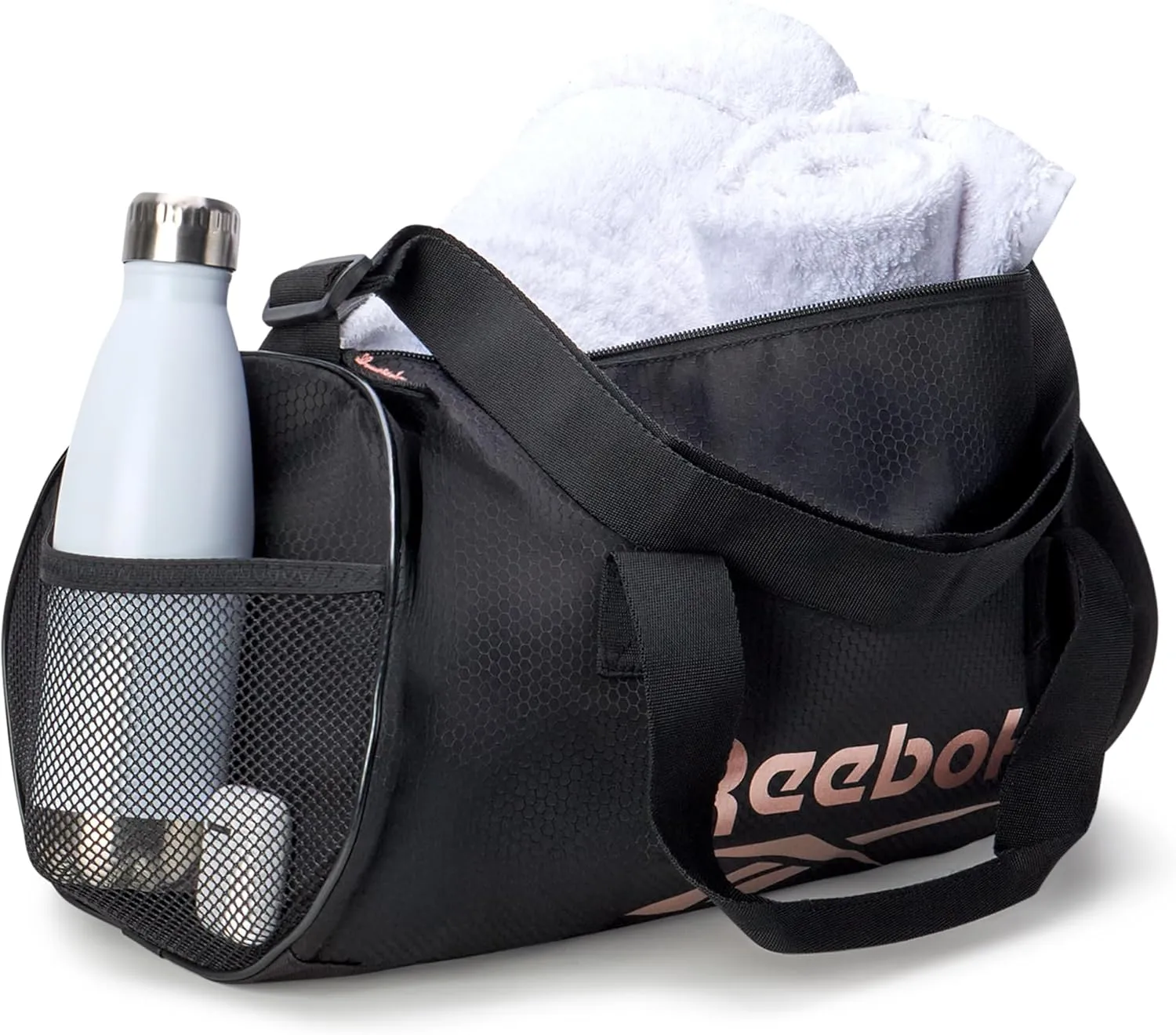 Reebok Duffle Bag - Unisex Lightweight Gym, Sports and Travel Mini Carry On Weekender Bags for Women and Men, Size One Size, Plyo Jet Black With Rose Logo