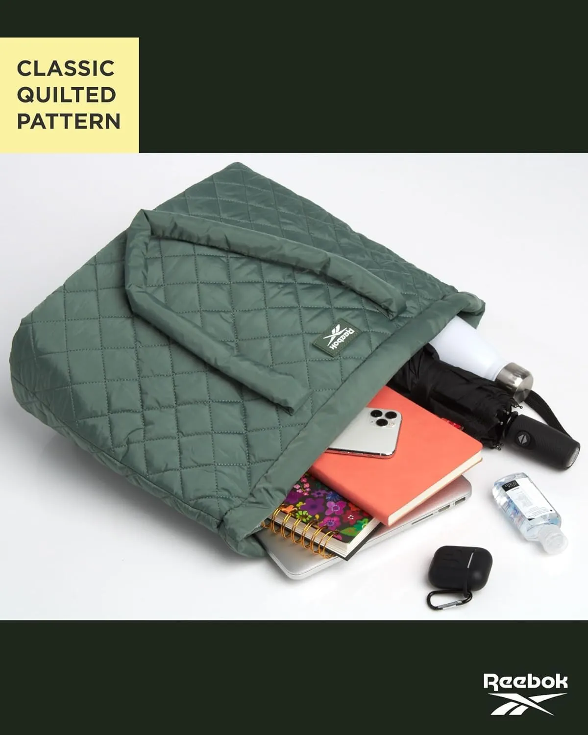 Reebok Womens Tote Bag - Lightweight Quilted Carry On Puffer Tote Bag for Women for Gym, Work, Travel, and Everyday Use