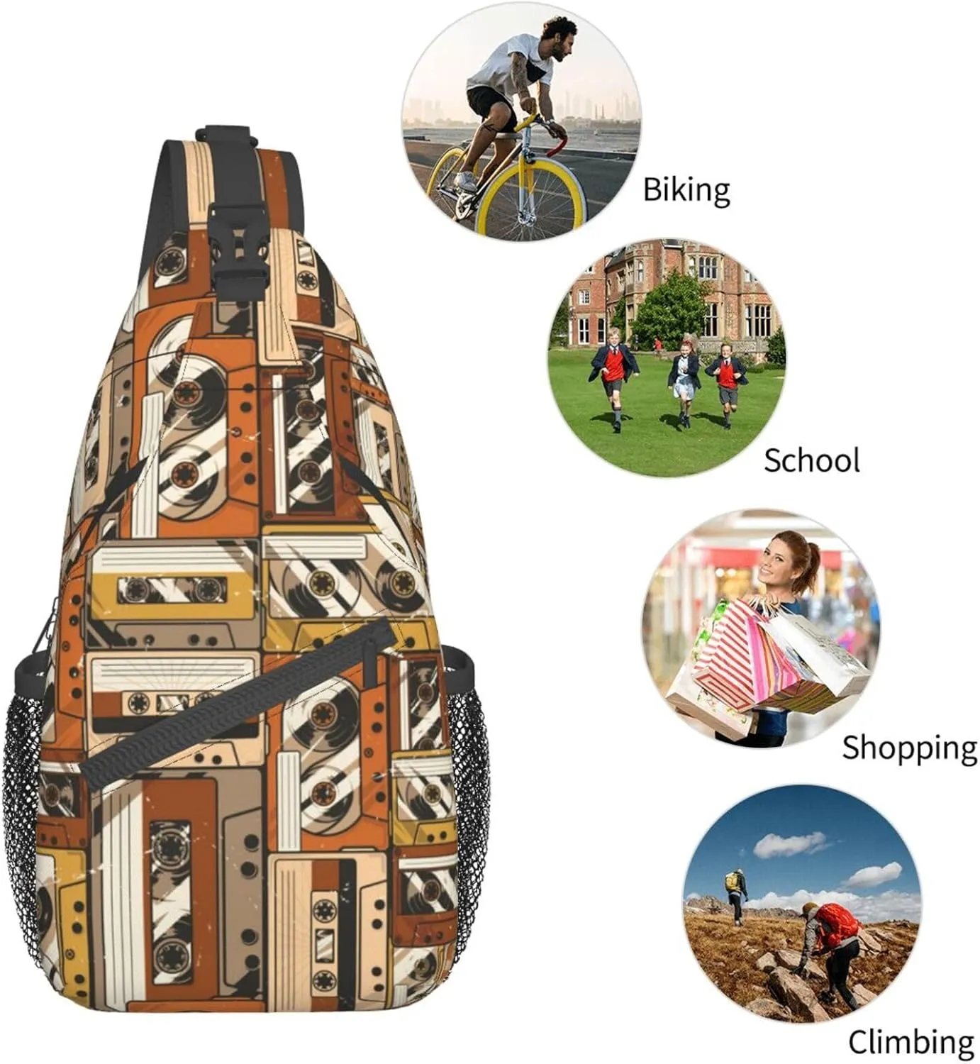 Retro Recorders Shoulder Bag Cassettes Sling Backpack Daypack Casual Backpack Hiking Bag Retro Backpack Bag