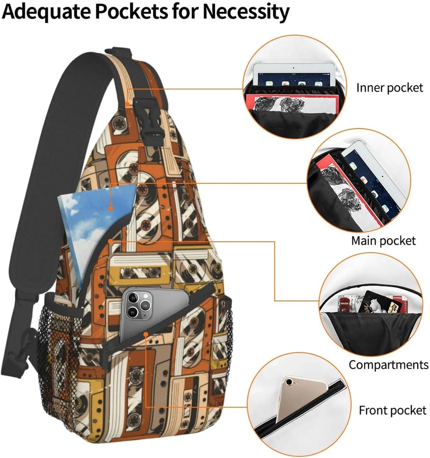 Retro Recorders Shoulder Bag Cassettes Sling Backpack Daypack Casual Backpack Hiking Bag Retro Backpack Bag