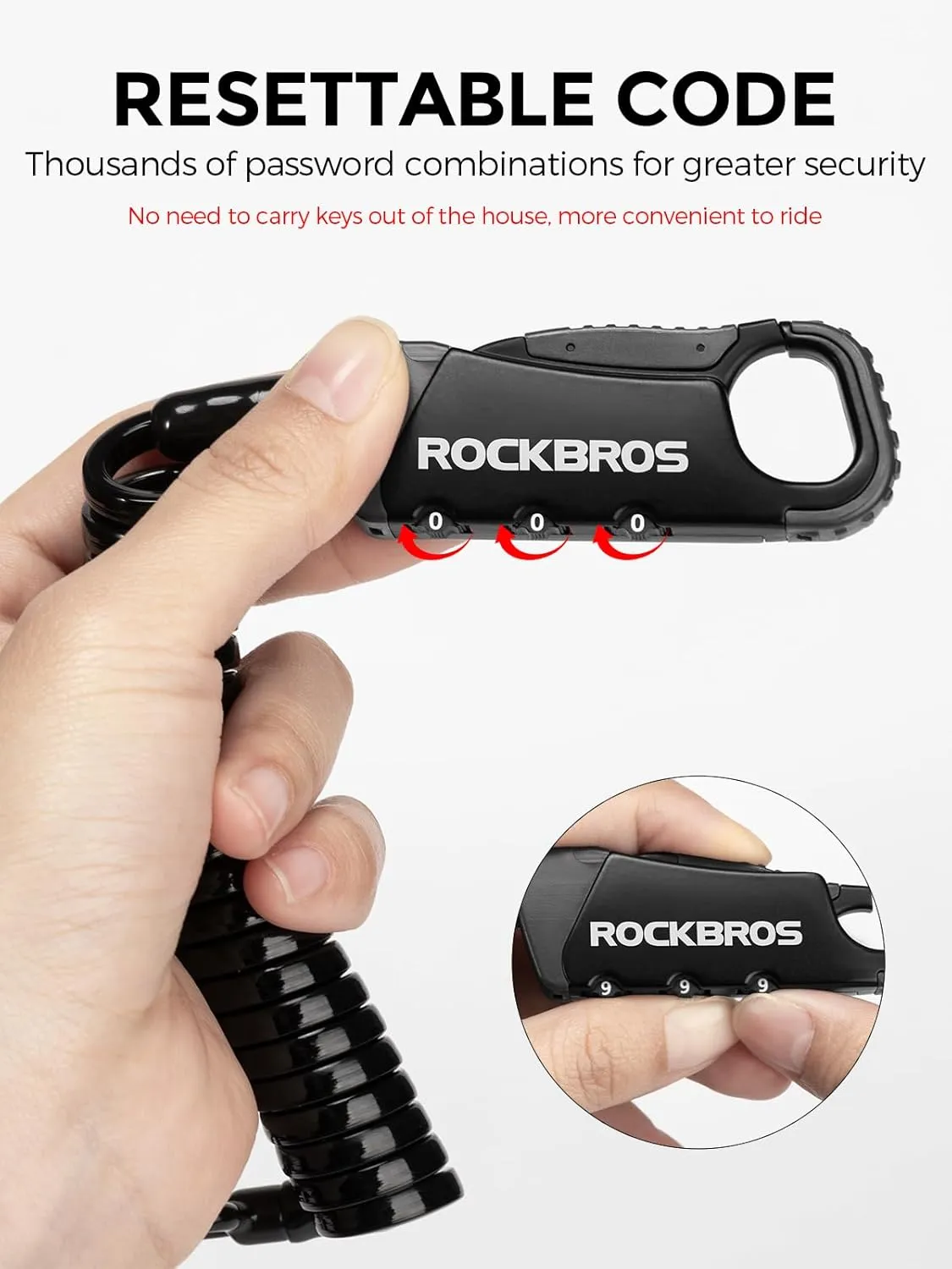 ROCKBROS Motorcycle Helmet Lock, Lightweight Bike Helmet Lock, Resettable Motorcycle Locks Anti Theft, 47.2 inch/122 cm Universal Locks for Helmets, Bicycle, Luggage
