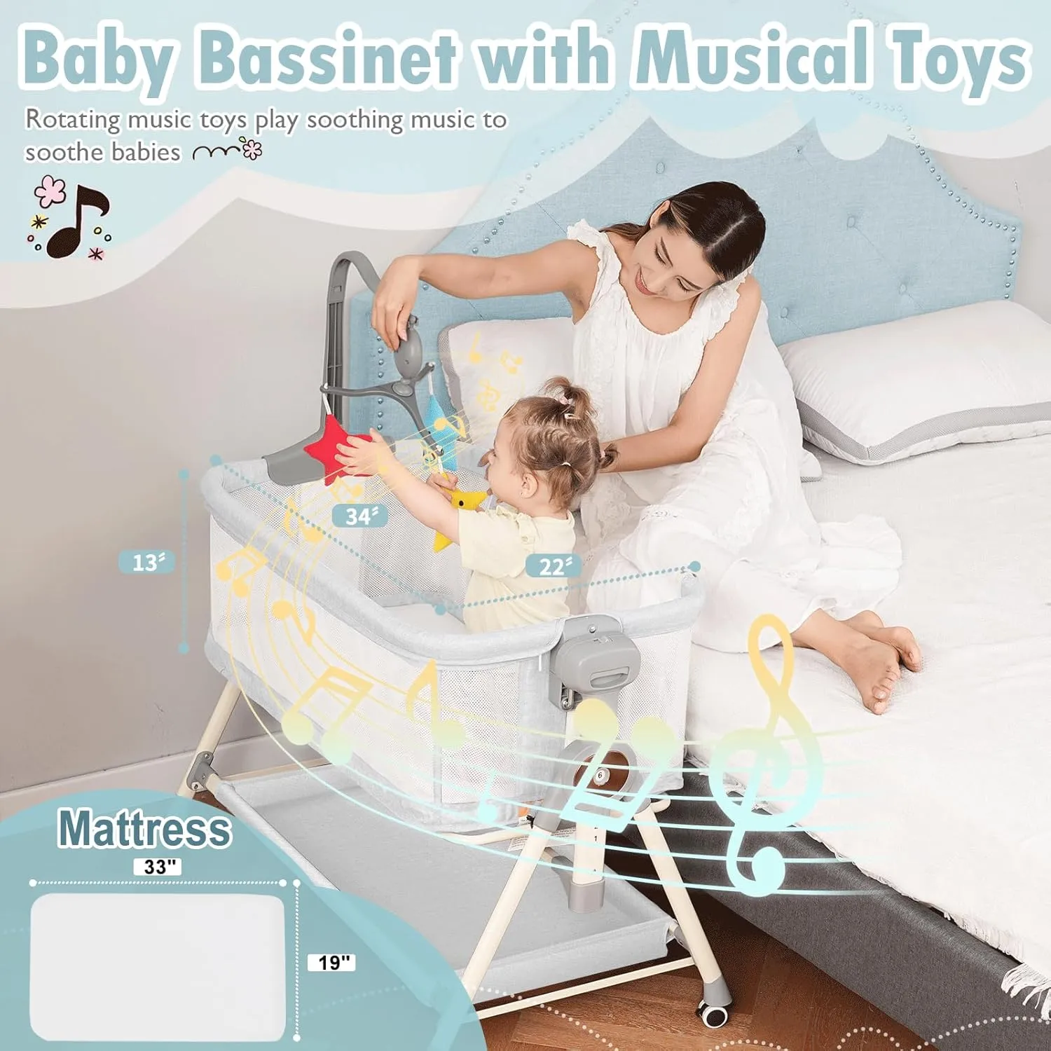 Rocking Baby Bassinet, Bedside Bassinet for Baby, 3 in 1 Bedside Sleeper with Musical Toys, Storage Basket and Wheels, Adjustable Bedside Crib for Newborn, White