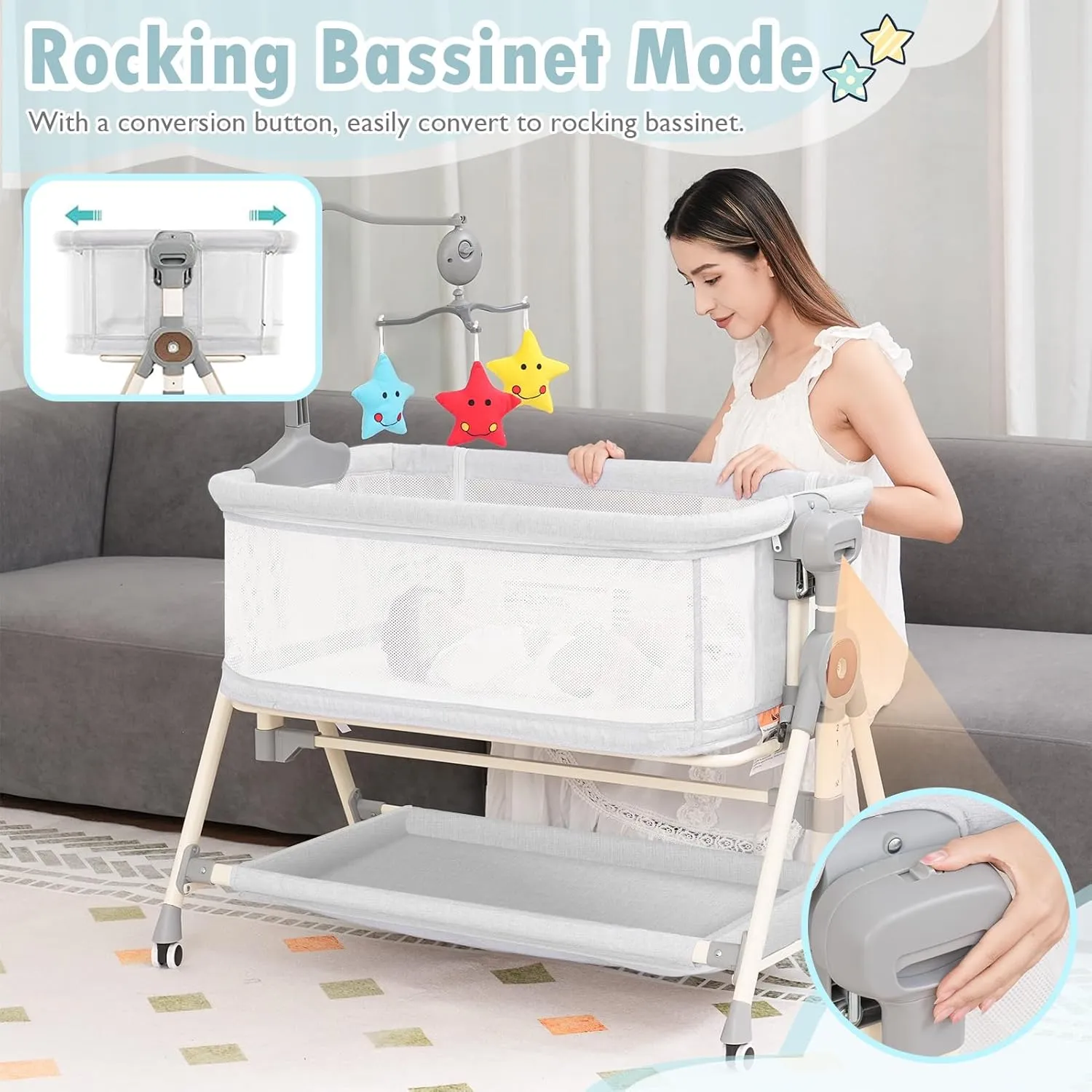 Rocking Baby Bassinet, Bedside Bassinet for Baby, 3 in 1 Bedside Sleeper with Musical Toys, Storage Basket and Wheels, Adjustable Bedside Crib for Newborn, White