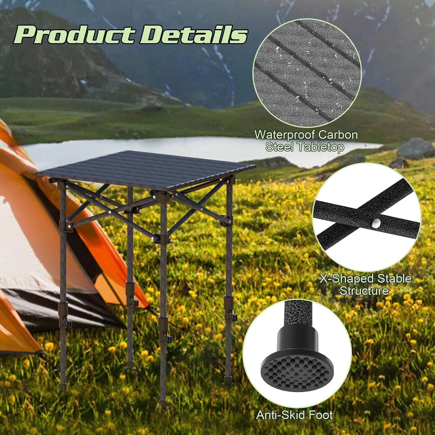 Roll-Up Camping Table, Adjustable Height Carbon Steel Camping Table, Foldable Camp Table for Picnic Camping Hiking Beach BBQ, 55LBS Max Load (Black, 51CM)
