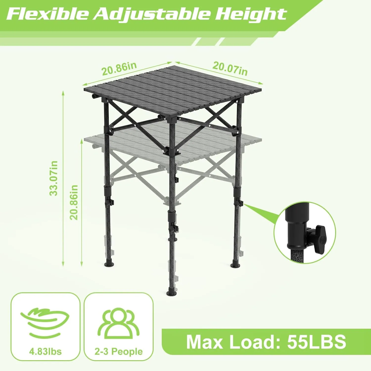 Roll-Up Camping Table, Adjustable Height Carbon Steel Camping Table, Foldable Camp Table for Picnic Camping Hiking Beach BBQ, 55LBS Max Load (Black, 51CM)