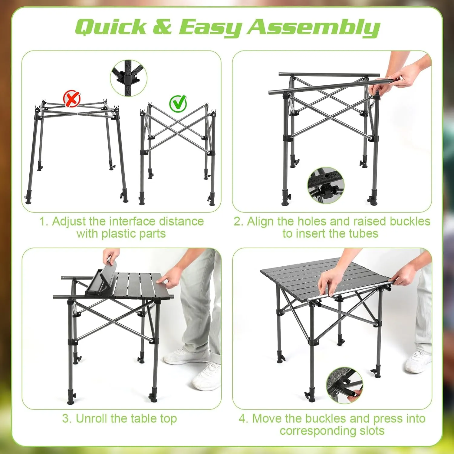 Roll-Up Camping Table, Adjustable Height Carbon Steel Camping Table, Foldable Camp Table for Picnic Camping Hiking Beach BBQ, 55LBS Max Load (Black, 51CM)