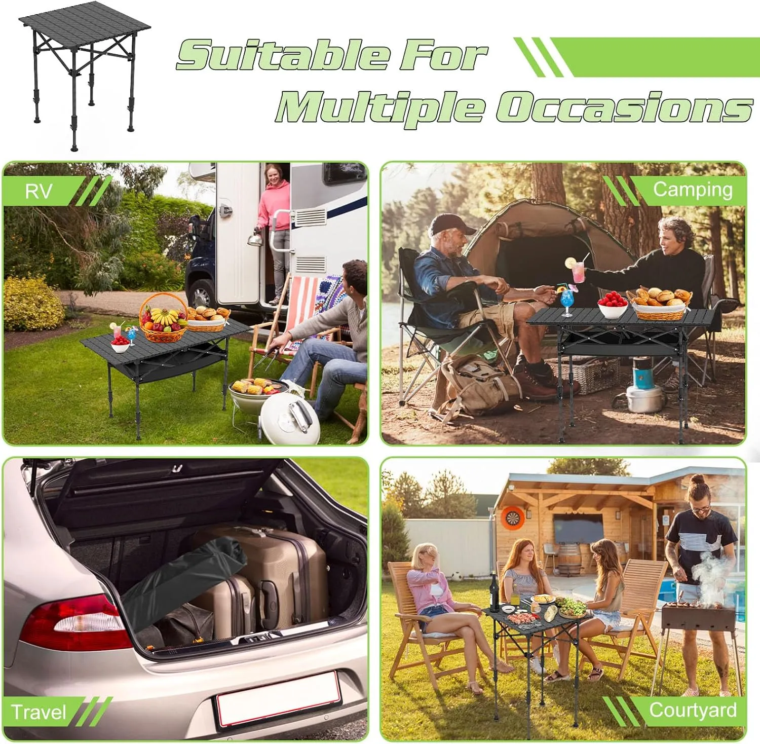 Roll-Up Camping Table, Adjustable Height Carbon Steel Camping Table, Foldable Camp Table for Picnic Camping Hiking Beach BBQ, 55LBS Max Load (Black, 51CM)
