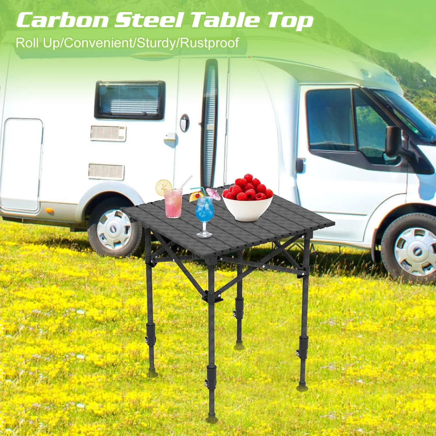 Roll-Up Camping Table, Adjustable Height Carbon Steel Camping Table, Foldable Camp Table for Picnic Camping Hiking Beach BBQ, 55LBS Max Load (Black, 51CM)