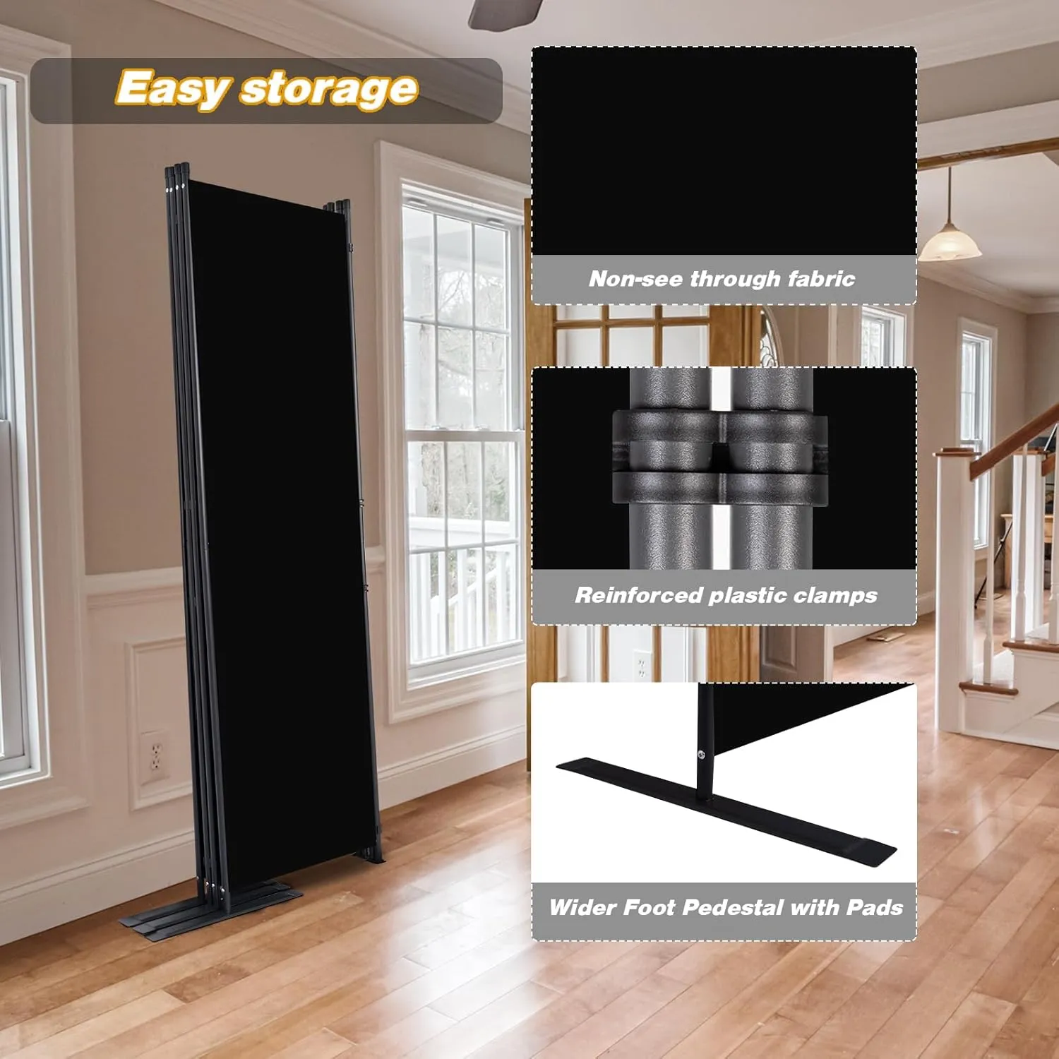 Room Divider, 4 Panel Folding Privacy Screens with Wider Feet, 6 Ft Portable Room Partition for Room Separator, Room Divider Panel 88" W X 71" H, Partition Room Dividers Freestanding，Black