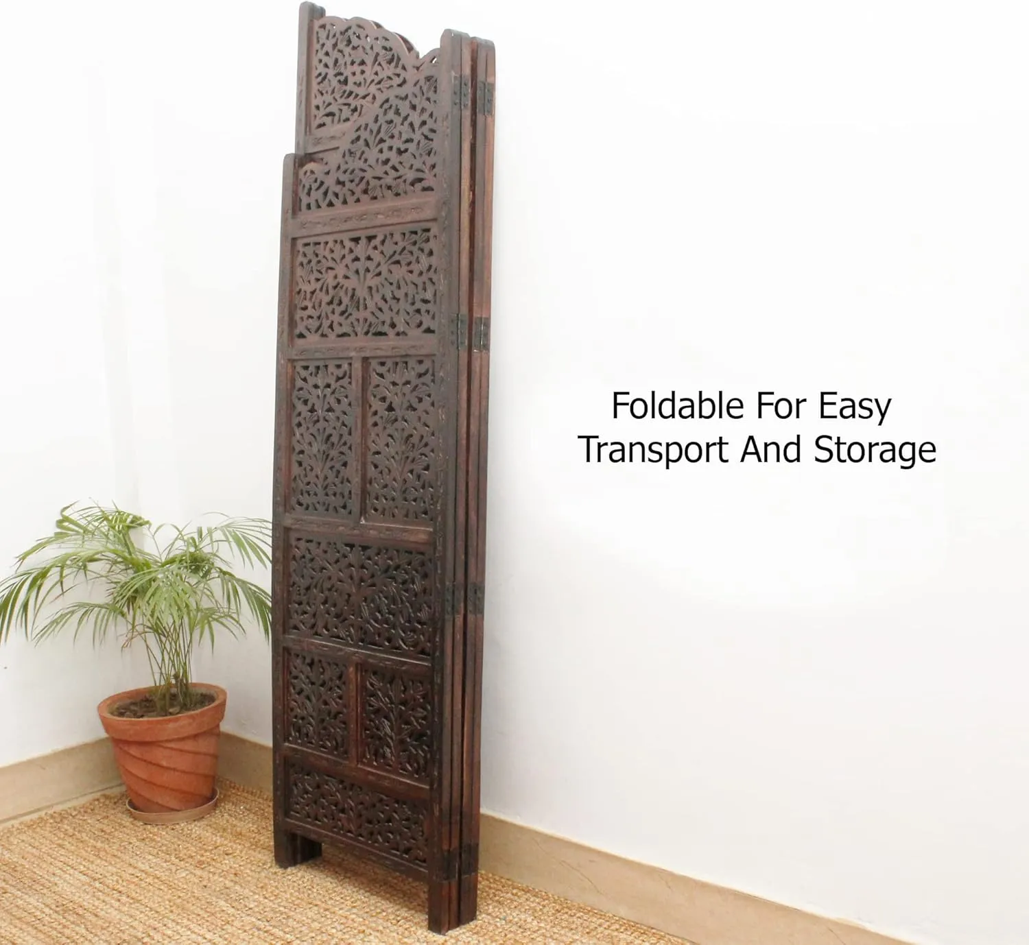 Room Divider Wood Screen - Mahanadi Antique Brown - 4 Panel Folding 72x80 - Wooden Hand Carved Screen Decorative Functional Versatile - Small Spaces Reversible Privacy Partition - COTTON CRAFT