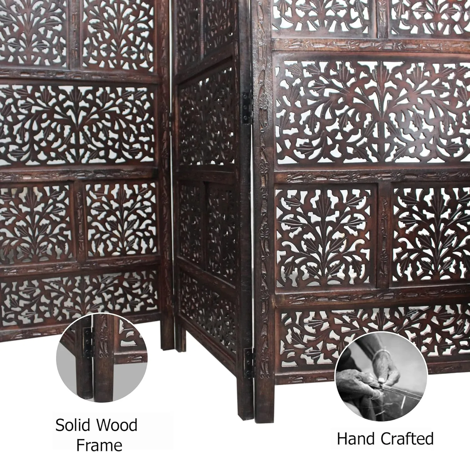 Room Divider Wood Screen - Mahanadi Antique Brown - 4 Panel Folding 72x80 - Wooden Hand Carved Screen Decorative Functional Versatile - Small Spaces Reversible Privacy Partition - COTTON CRAFT