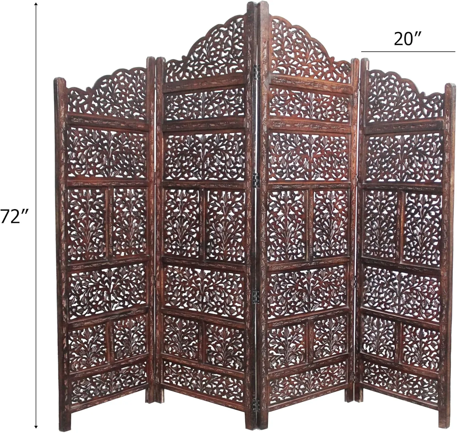 Room Divider Wood Screen - Mahanadi Antique Brown - 4 Panel Folding 72x80 - Wooden Hand Carved Screen Decorative Functional Versatile - Small Spaces Reversible Privacy Partition - COTTON CRAFT