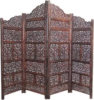 Room Divider Wood Screen - Mahanadi Antique Brown - 4 Panel Folding 72x80 - Wooden Hand Carved Screen Decorative Functional Versatile - Small Spaces Reversible Privacy Partition - COTTON CRAFT