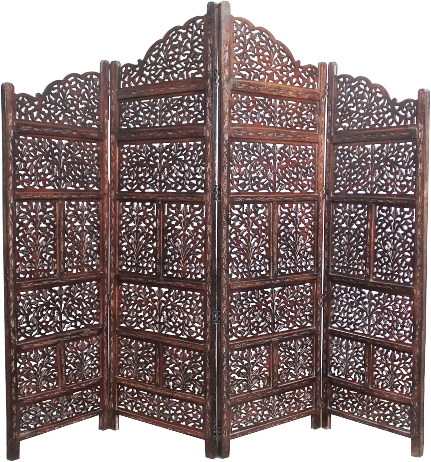 Room Divider Wood Screen - Mahanadi Antique Brown - 4 Panel Folding 72x80 - Wooden Hand Carved Screen Decorative Functional Versatile - Small Spaces Reversible Privacy Partition - COTTON CRAFT