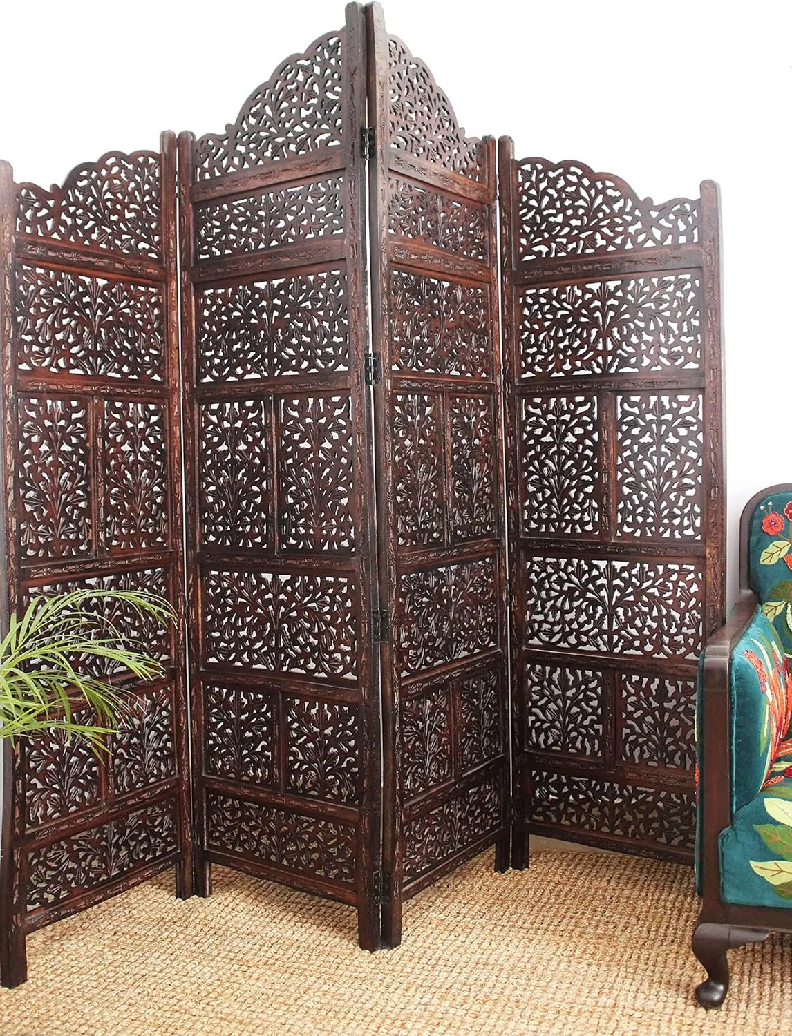 Room Divider Wood Screen - Mahanadi Antique Brown - 4 Panel Folding 72x80 - Wooden Hand Carved Screen Decorative Functional Versatile - Small Spaces Reversible Privacy Partition - COTTON CRAFT