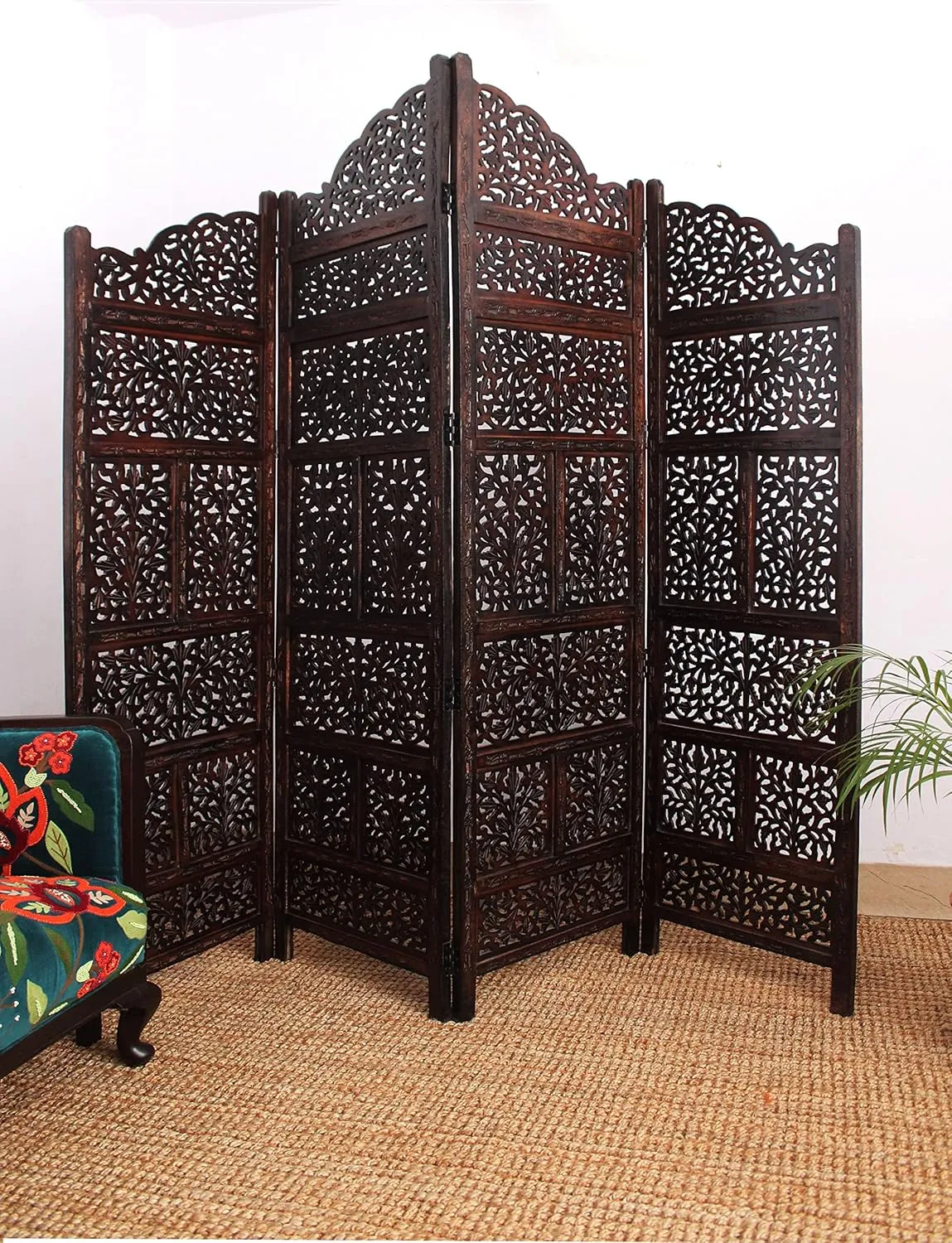 Room Divider Wood Screen - Mahanadi Antique Brown - 4 Panel Folding 72x80 - Wooden Hand Carved Screen Decorative Functional Versatile - Small Spaces Reversible Privacy Partition - COTTON CRAFT