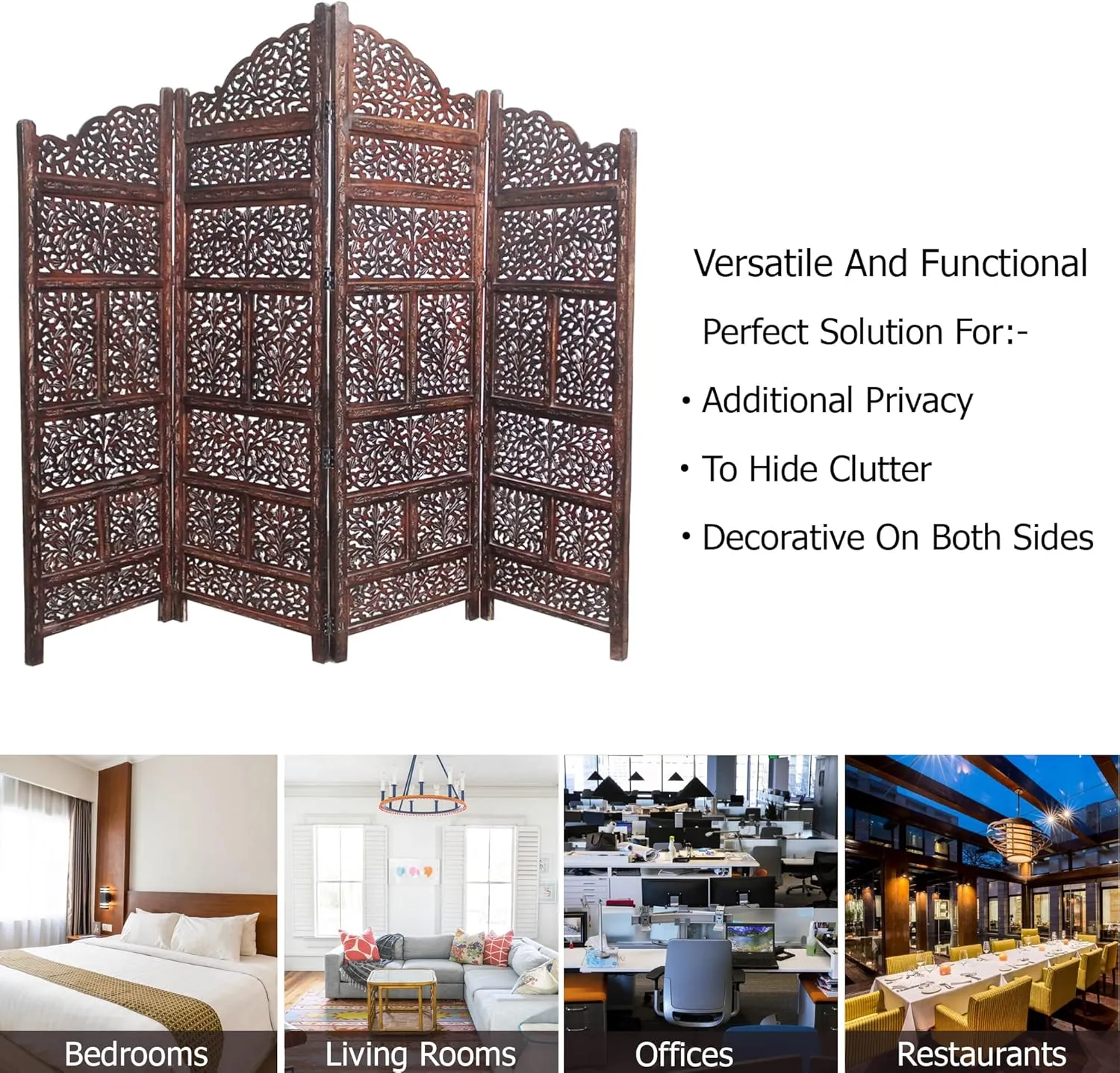 Room Divider Wood Screen - Mahanadi Antique Brown - 4 Panel Folding 72x80 - Wooden Hand Carved Screen Decorative Functional Versatile - Small Spaces Reversible Privacy Partition - COTTON CRAFT