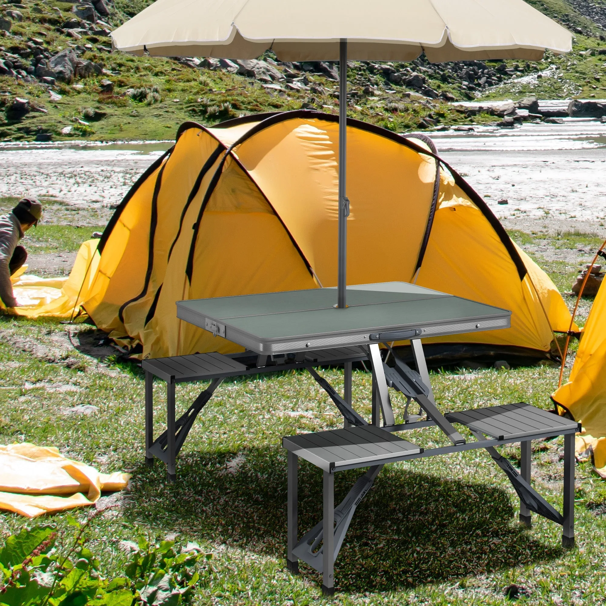 Rootz Camping Table and Chair Set - Picnic Furniture - Portable Suitcase - Aluminum - 85.5L x 67.5W x 67H cm