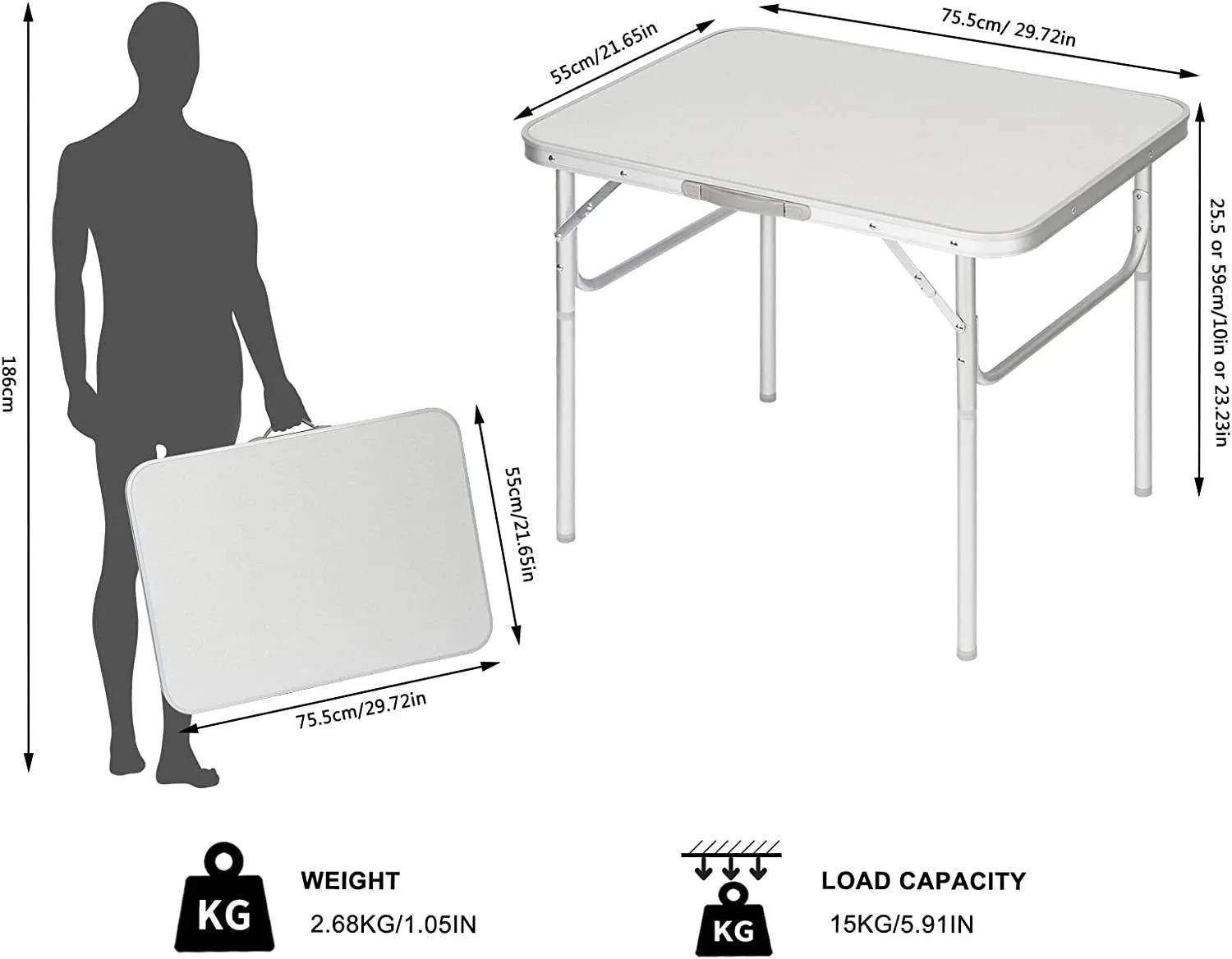 Rootz Camping Table - Outdoor Folding Table - Picnic Table - Lightweight & Foldable - Height Adjustable - Sturdy & Stable - 55cm x 25.5/58.5cm x 75cm