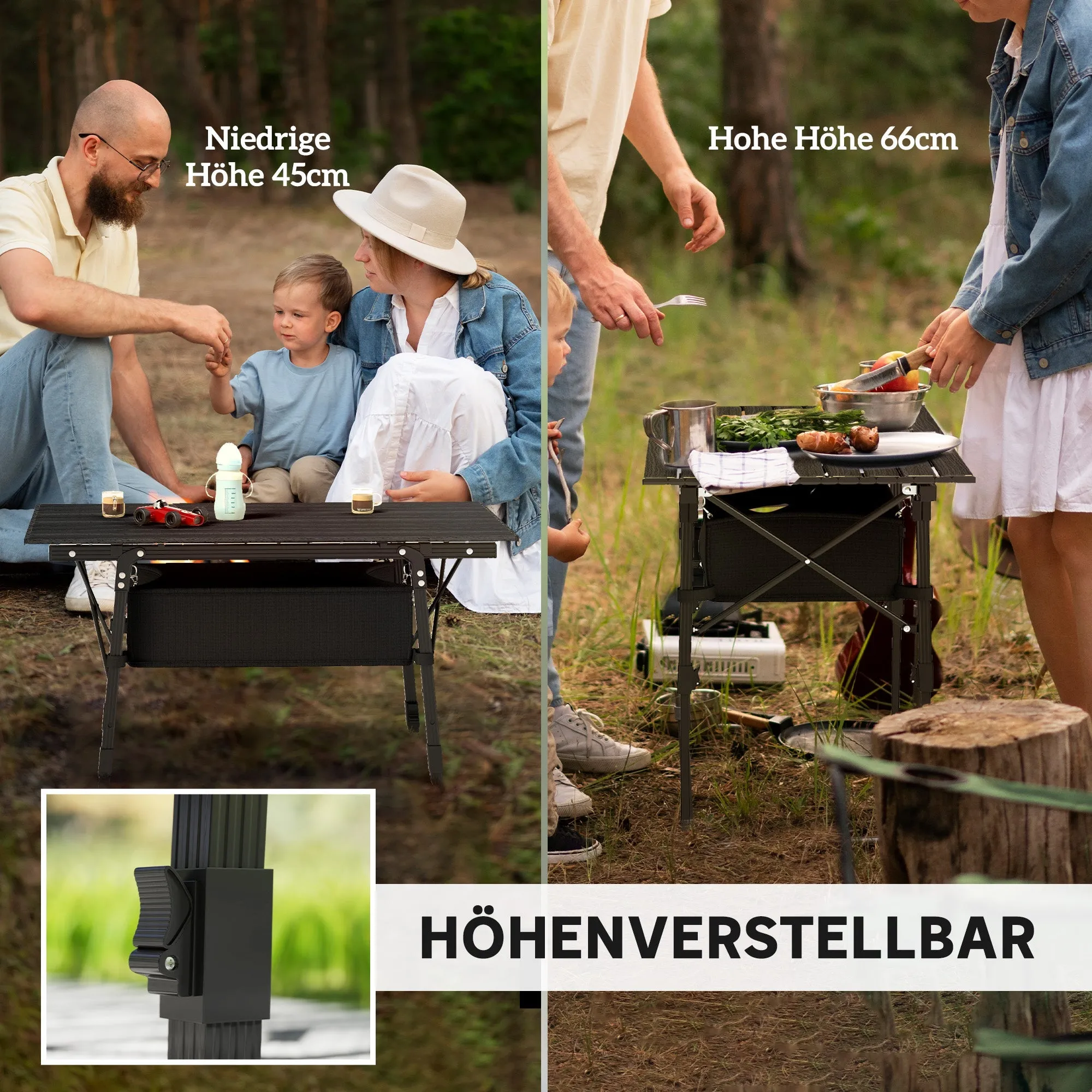 Rootz Camping Table - Picnic Table - Bivvy Table - Adjustable Height & Foldable - 90cm x 55cm x 45-66cm