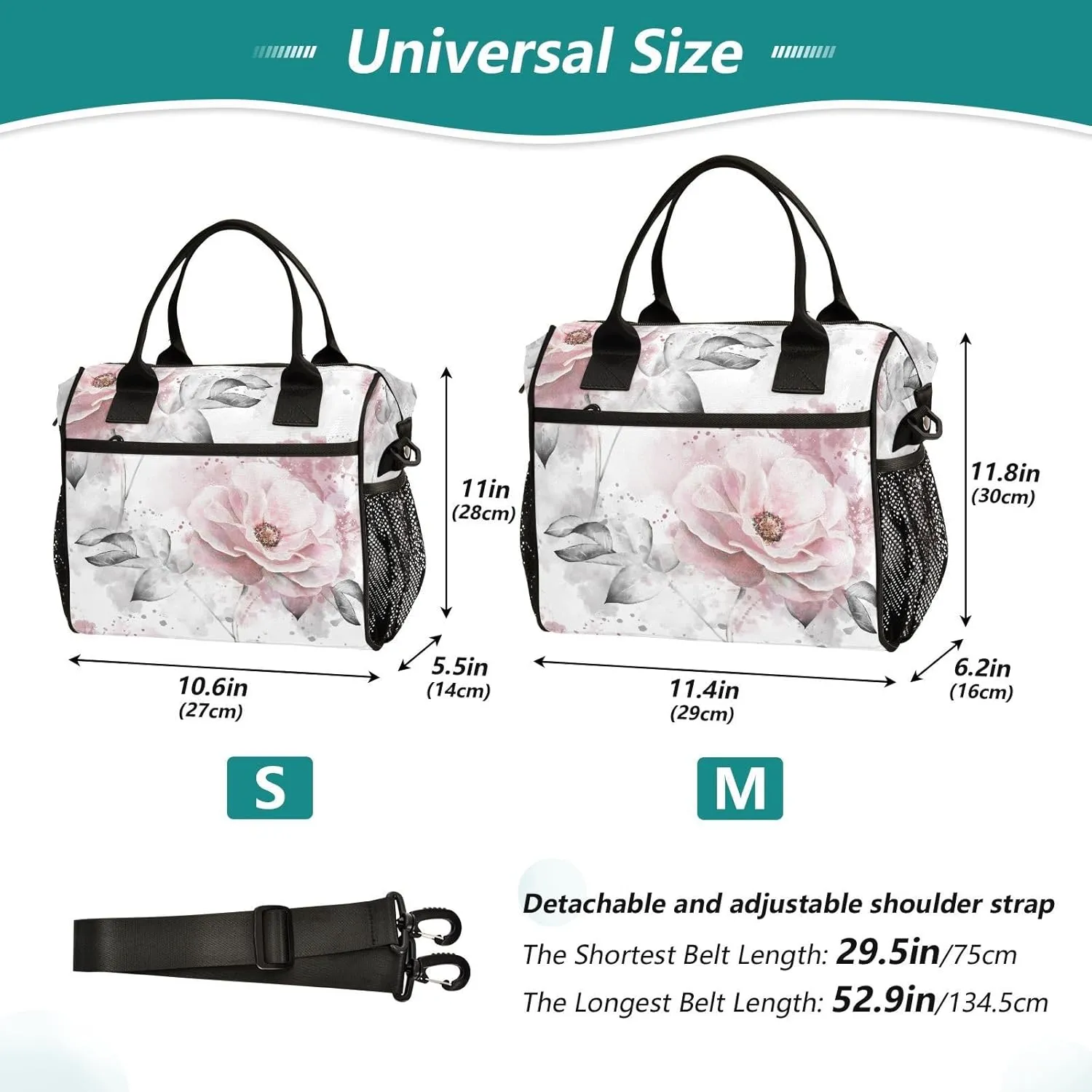 Roses Flowers and Leaves on White Lunch Bag Insulated Lunch Box for Women Men Cooler Bag Leakproof Reusable Lunch Tote Bag with Shoulder Strap Work Picnic