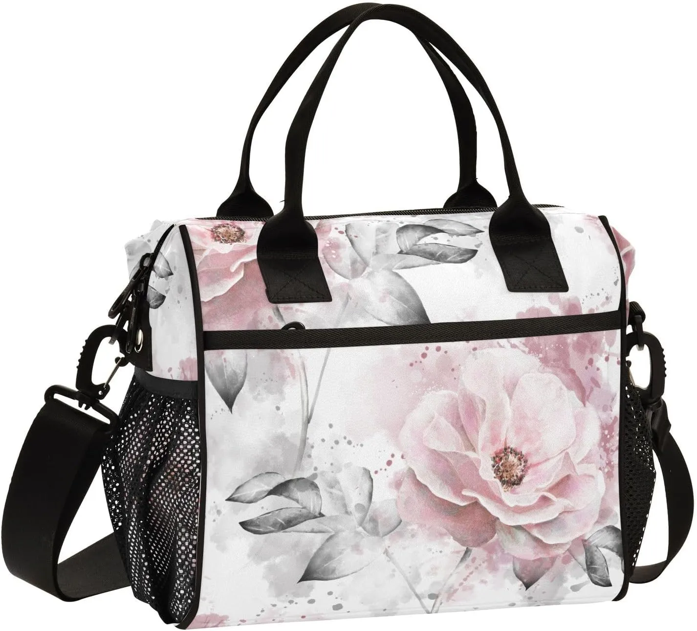 Roses Flowers and Leaves on White Lunch Bag Insulated Lunch Box for Women Men Cooler Bag Leakproof Reusable Lunch Tote Bag with Shoulder Strap Work Picnic