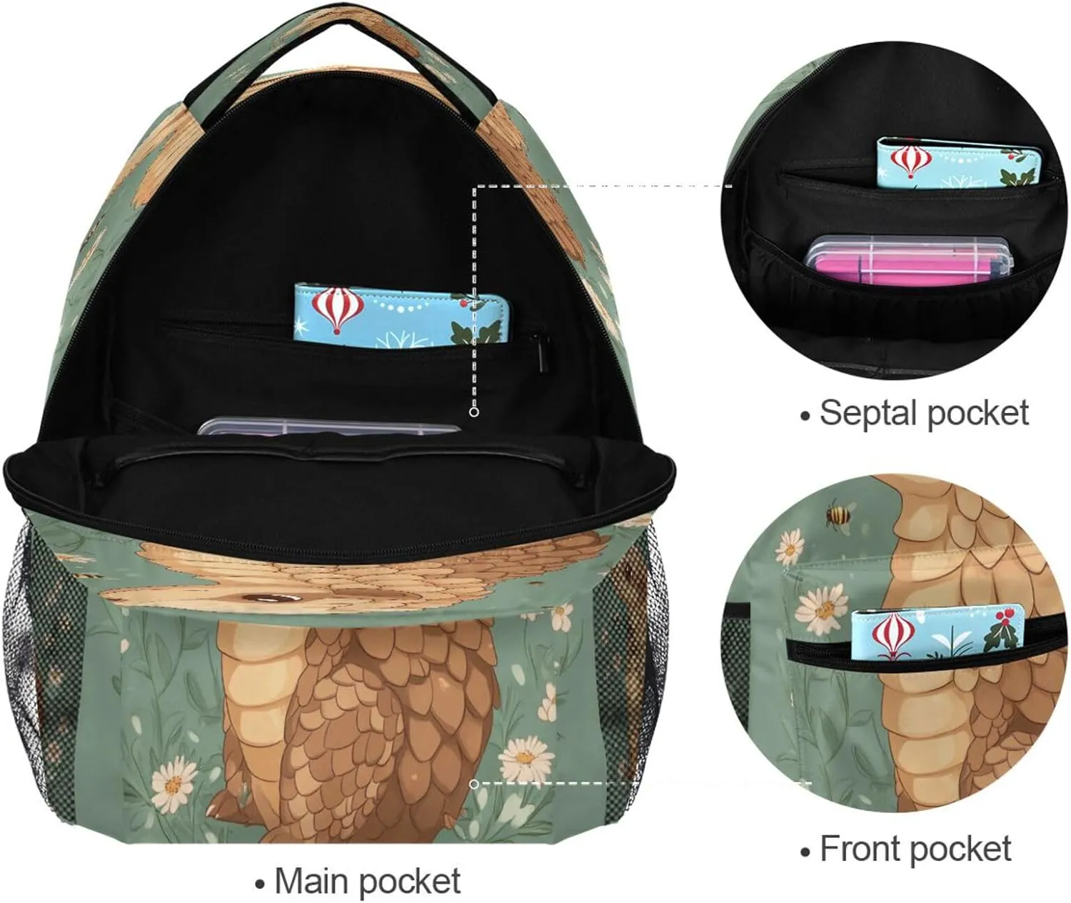 School Backpack for Unisex Adult Fashion Backpack With Water Bottle Pocket with Chest Strap for College Work Cute Pangolin Sage Green