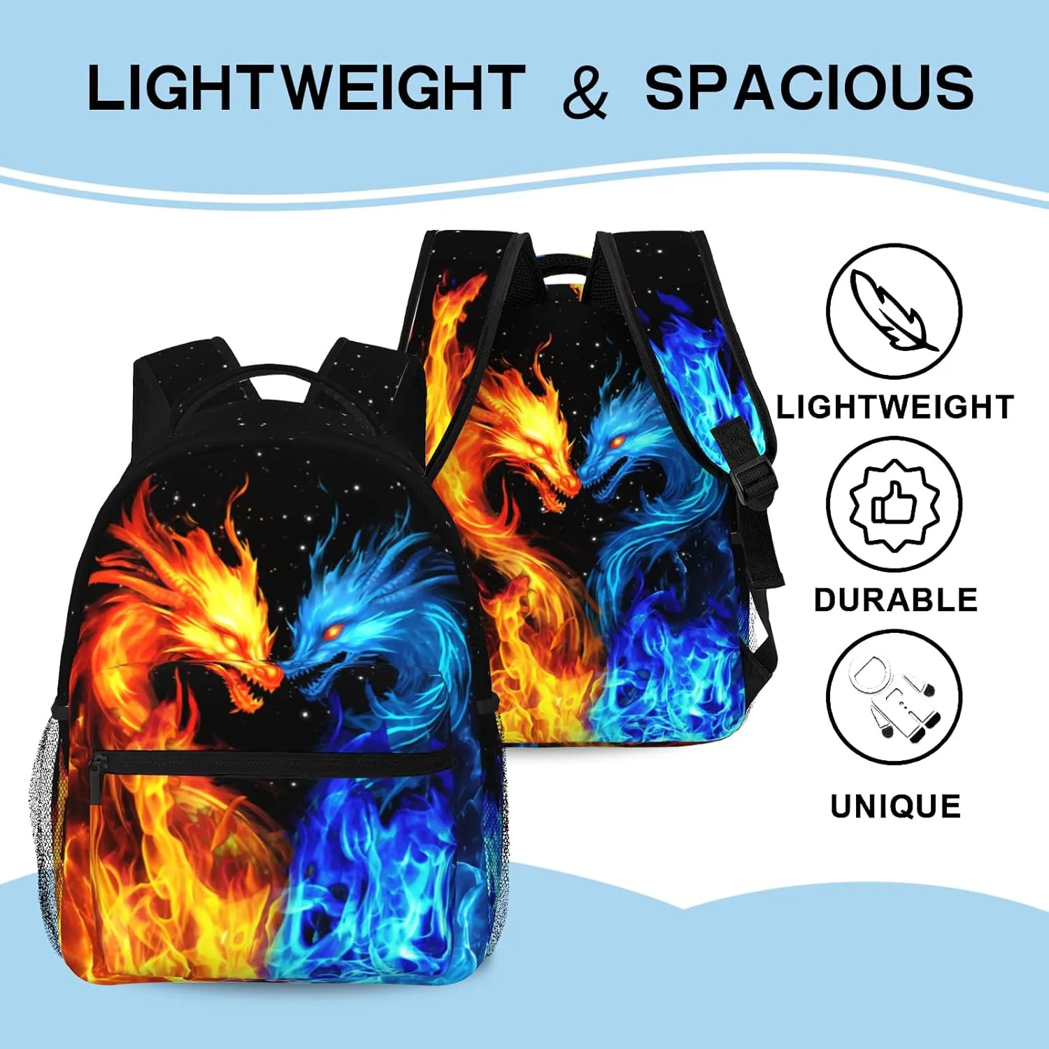 School Boys Backpack Ages 8-10 Abstract Dragon Backpack Fire Bookbag Water Resistant Bag Travel Hiking Camping Daypack For Kids Teens Boys Girls
