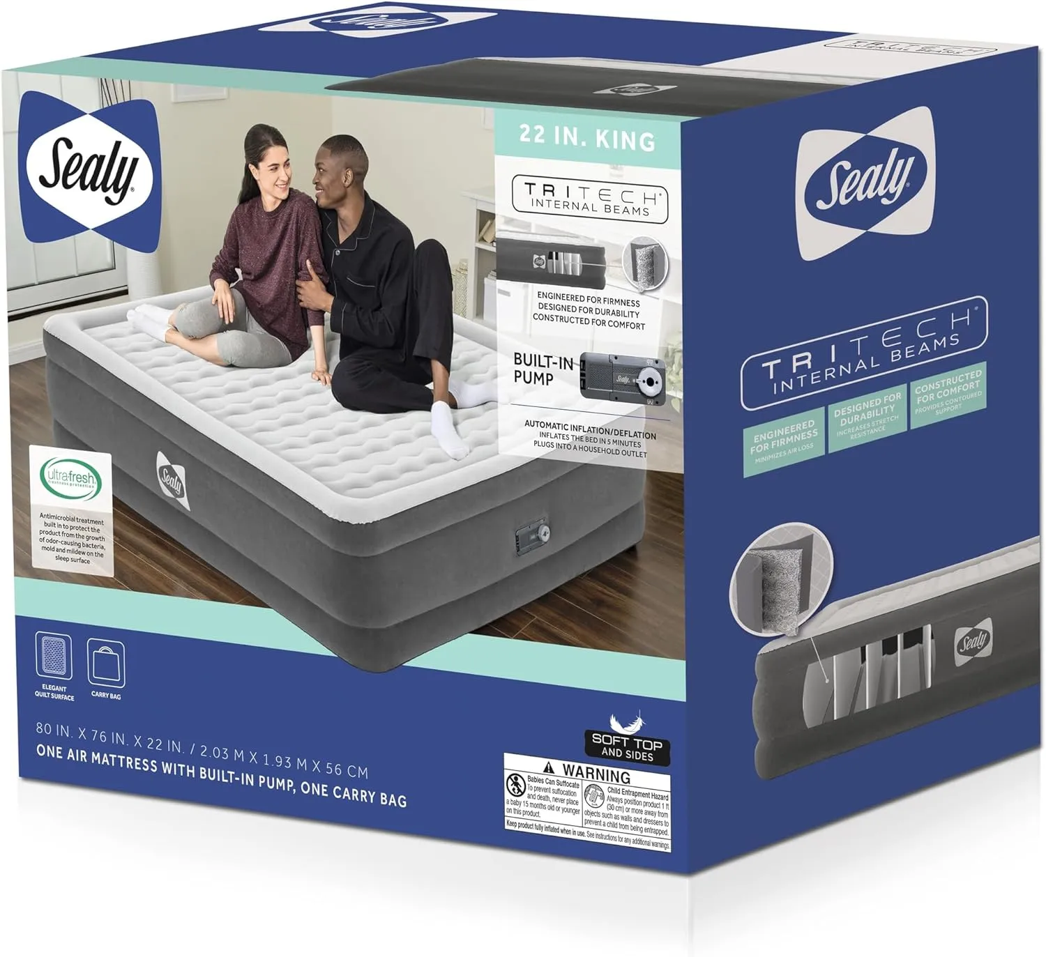 Sealy Tritech Air Mattress King Built-in AC Pump 80" x 76" x 22"