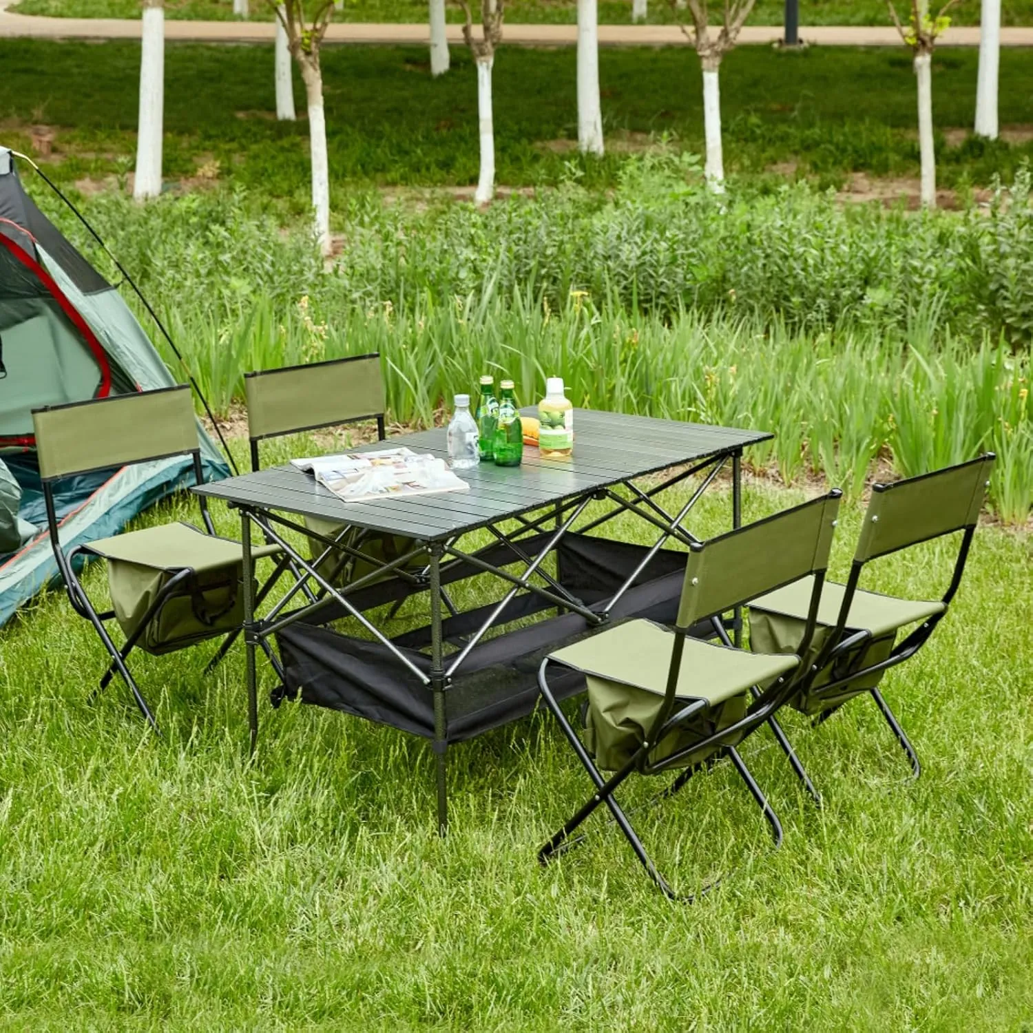 Set of 3, Folding Outdoor Table and Chair Set for Indoor, Outdoor Camping, Picnics, Beach,Backyard, BBQ, Party, Patio (Black4)