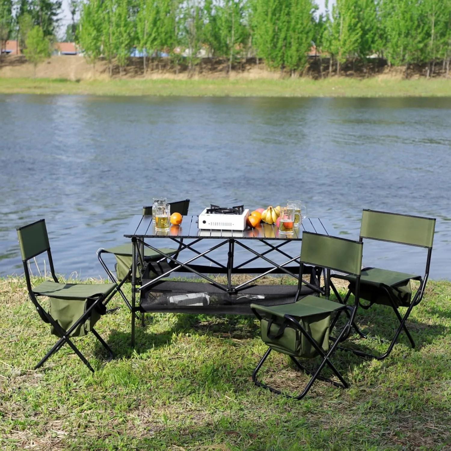 Set of 3, Folding Outdoor Table and Chair Set for Indoor, Outdoor Camping, Picnics, Beach,Backyard, BBQ, Party, Patio (Black4)