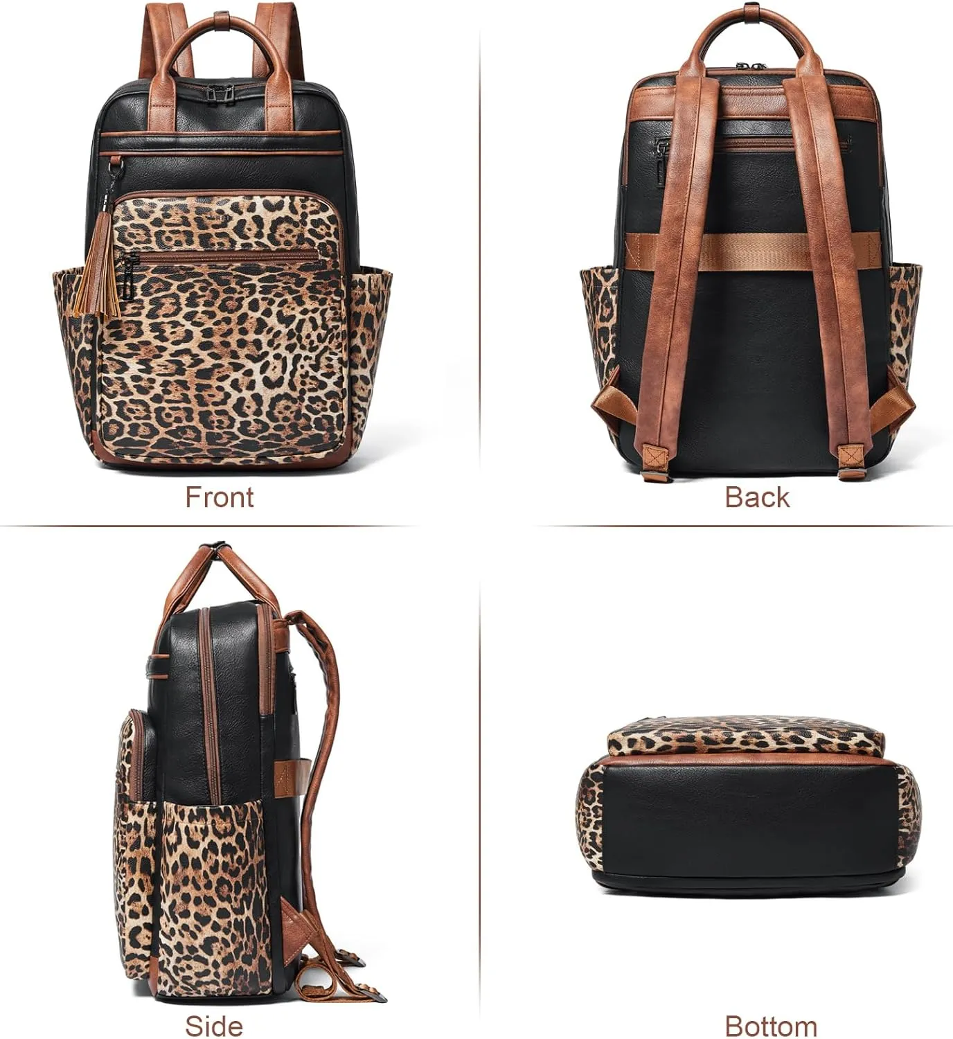 Shrrie Laptop Backpack for Women 15.6 inch Travel Leather Backpack Purse Work Computer Backpacks for Business College Black With Leopard