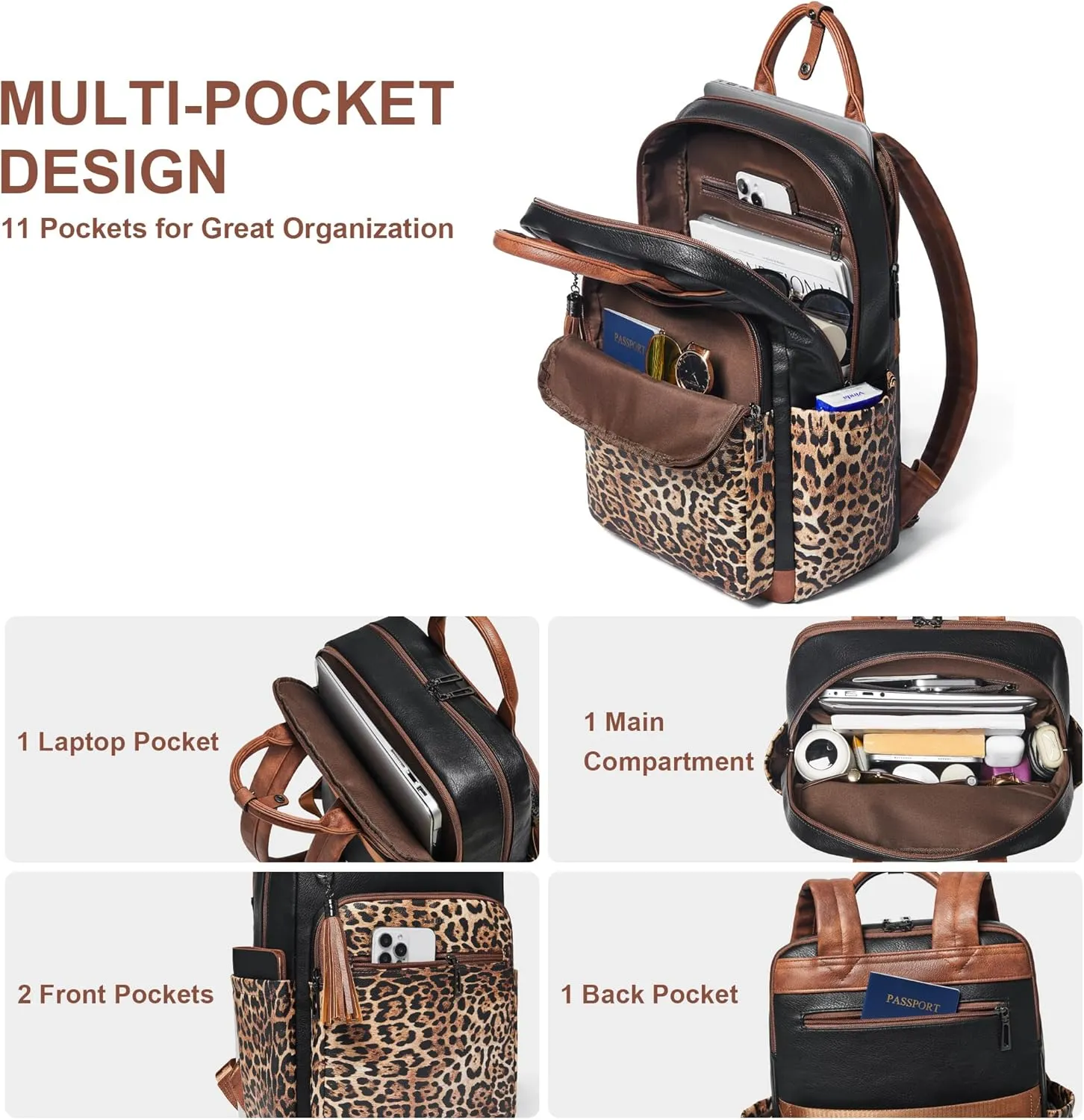 Shrrie Laptop Backpack for Women 15.6 inch Travel Leather Backpack Purse Work Computer Backpacks for Business College Black With Leopard