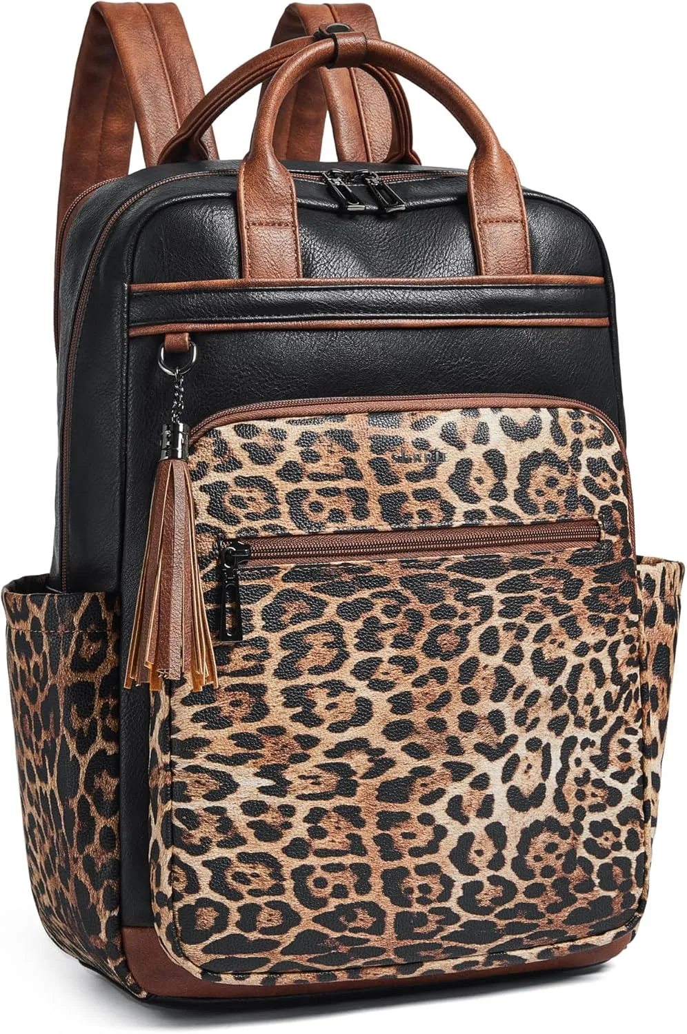 Shrrie Laptop Backpack for Women 15.6 inch Travel Leather Backpack Purse Work Computer Backpacks for Business College Black With Leopard