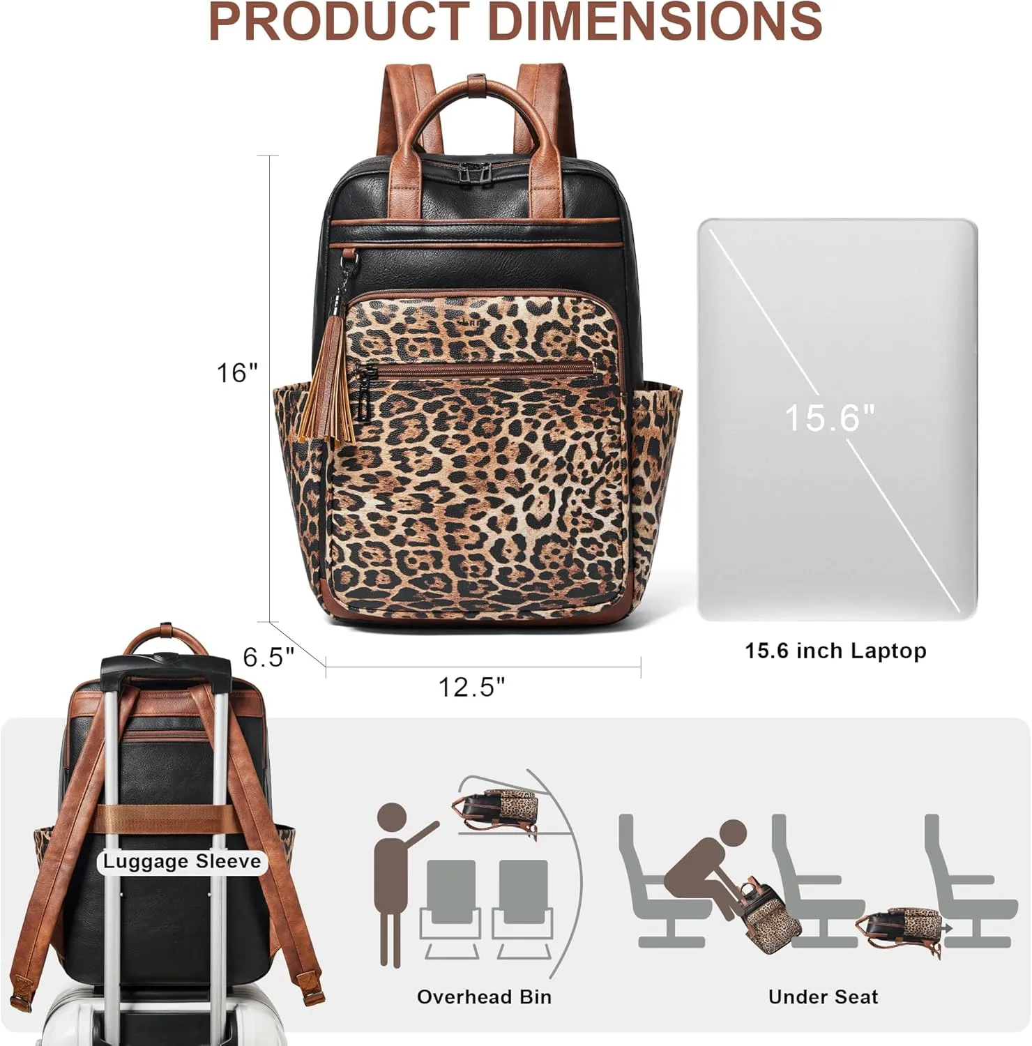 Shrrie Laptop Backpack for Women 15.6 inch Travel Leather Backpack Purse Work Computer Backpacks for Business College Black With Leopard