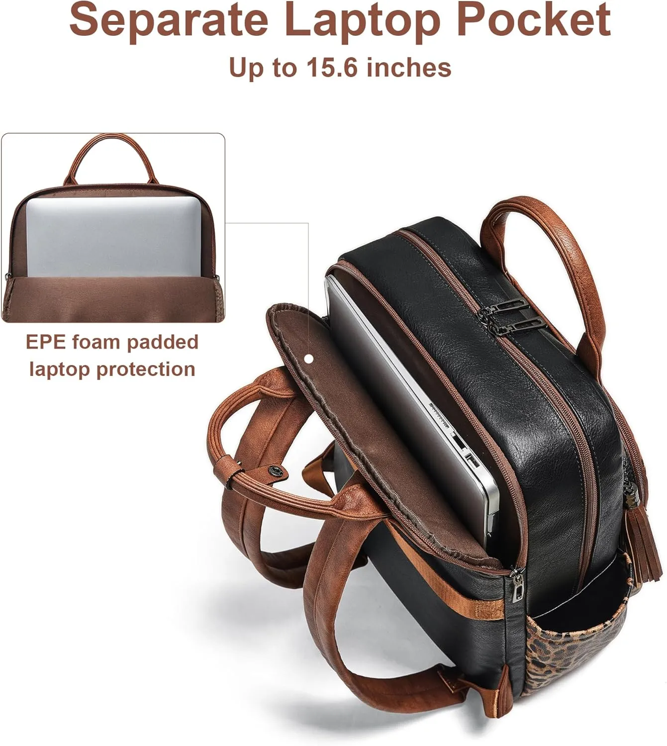 Shrrie Laptop Backpack for Women 15.6 inch Travel Leather Backpack Purse Work Computer Backpacks for Business College Black With Leopard