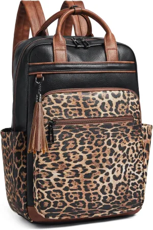 Shrrie Laptop Backpack for Women 15.6 inch Travel Leather Backpack Purse Work Computer Backpacks for Business College Black With Leopard