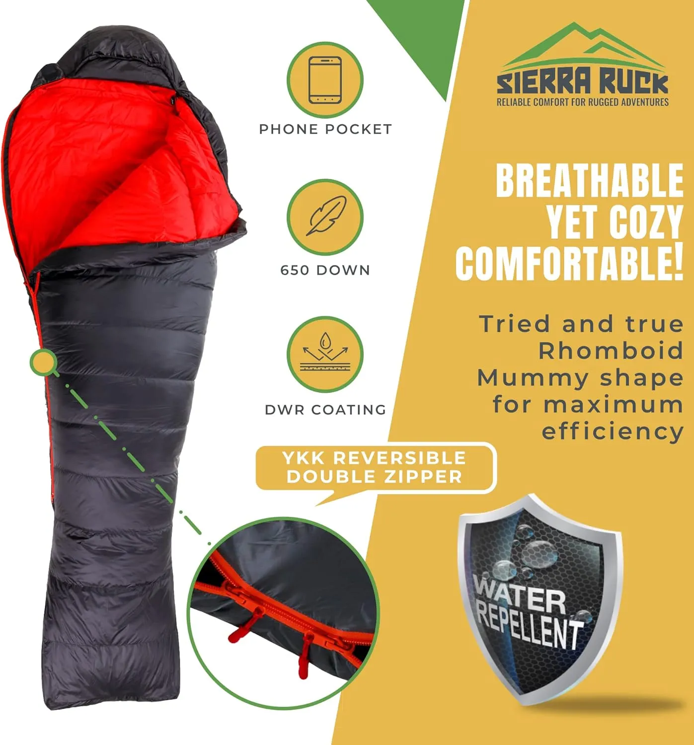 SIERRA RUCK 650 Down Sleeping Bag, Lightweight Pack for Hiking, Backpacking, Trekking and 4 Season Camping