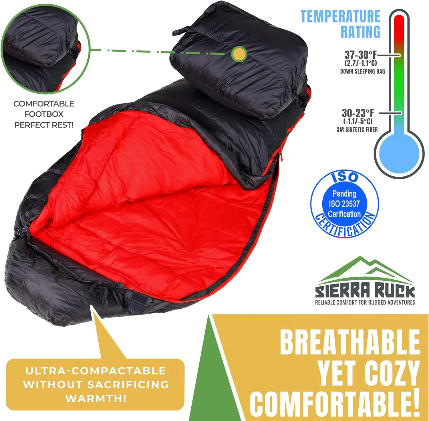 SIERRA RUCK 650 Down Sleeping Bag, Lightweight Pack for Hiking, Backpacking, Trekking and 4 Season Camping