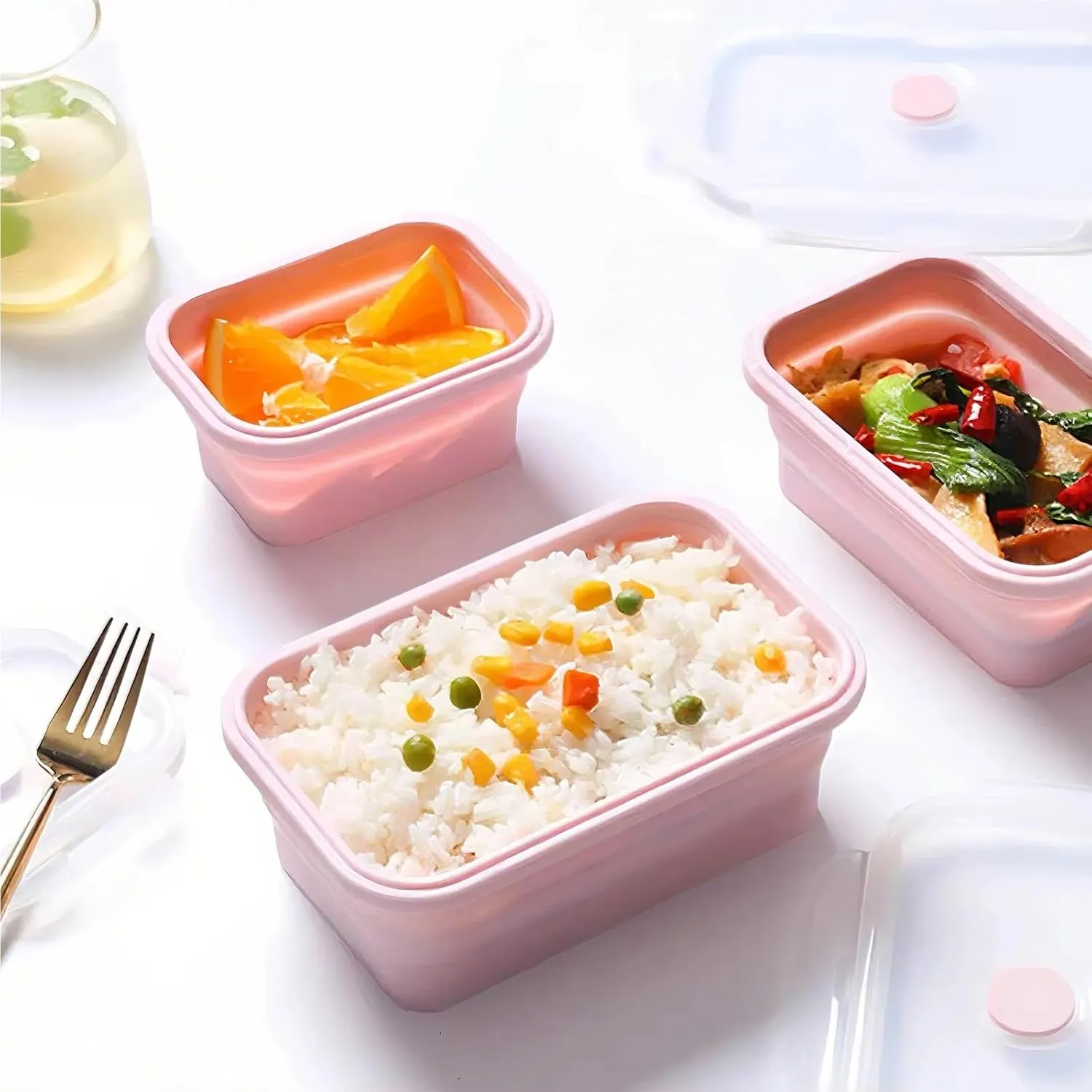 Silicone Lunch Box Outdoor Portable Folding Lunch Box Four-piece Set Microwaveable Lunch Box(H-2)