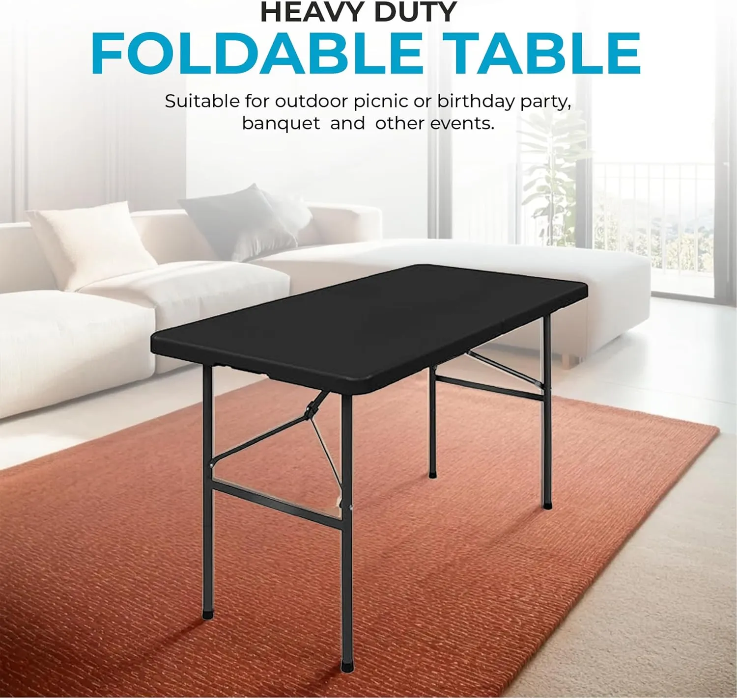 Simpli-Magic 4ft Plastic Folding Table, Indoor Outdoor Heavy Duty Portable w/Handle, Lock for Picnic, Party, Camping - Black