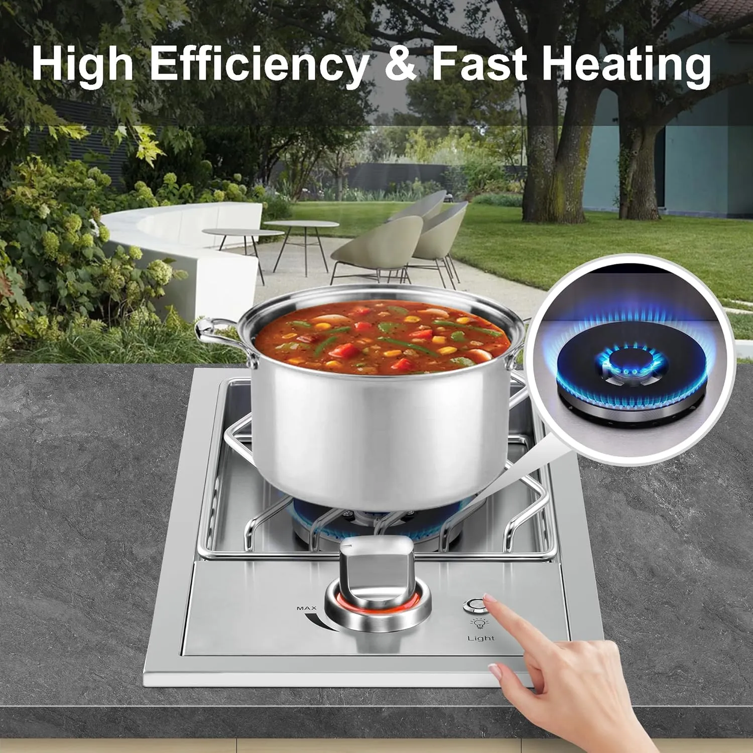 Single Grilling Side Burners for Outdoor Grill, 15,000BTU Natural Gas Side Burner, Sturdy 304 Stainless Steel, with Liquid Propane Kit, Drop-in Side Burner for Outdoor Kitchen BBQ Island