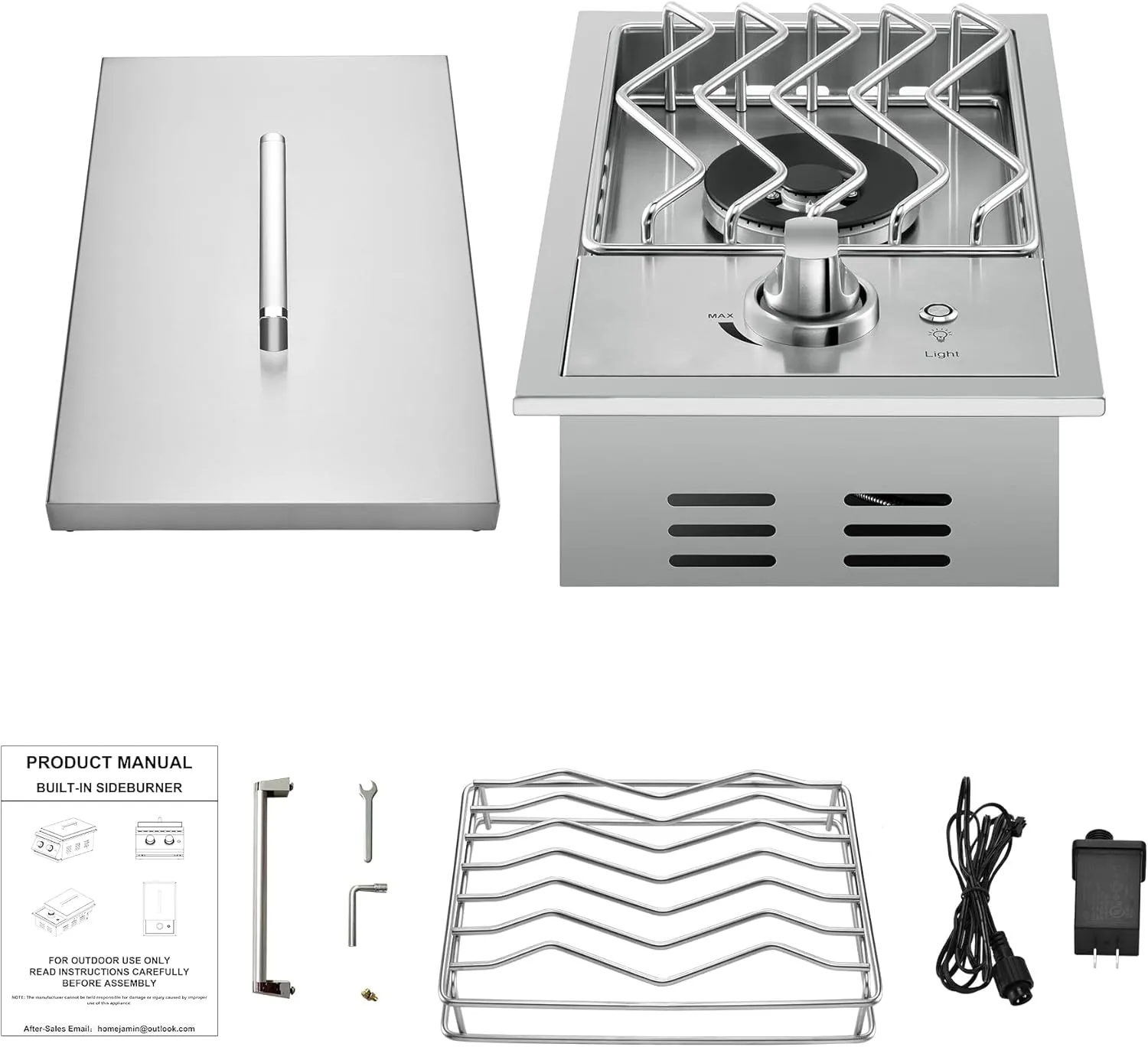 Single Grilling Side Burners for Outdoor Grill, 15,000BTU Natural Gas Side Burner, Sturdy 304 Stainless Steel, with Liquid Propane Kit, Drop-in Side Burner for Outdoor Kitchen BBQ Island